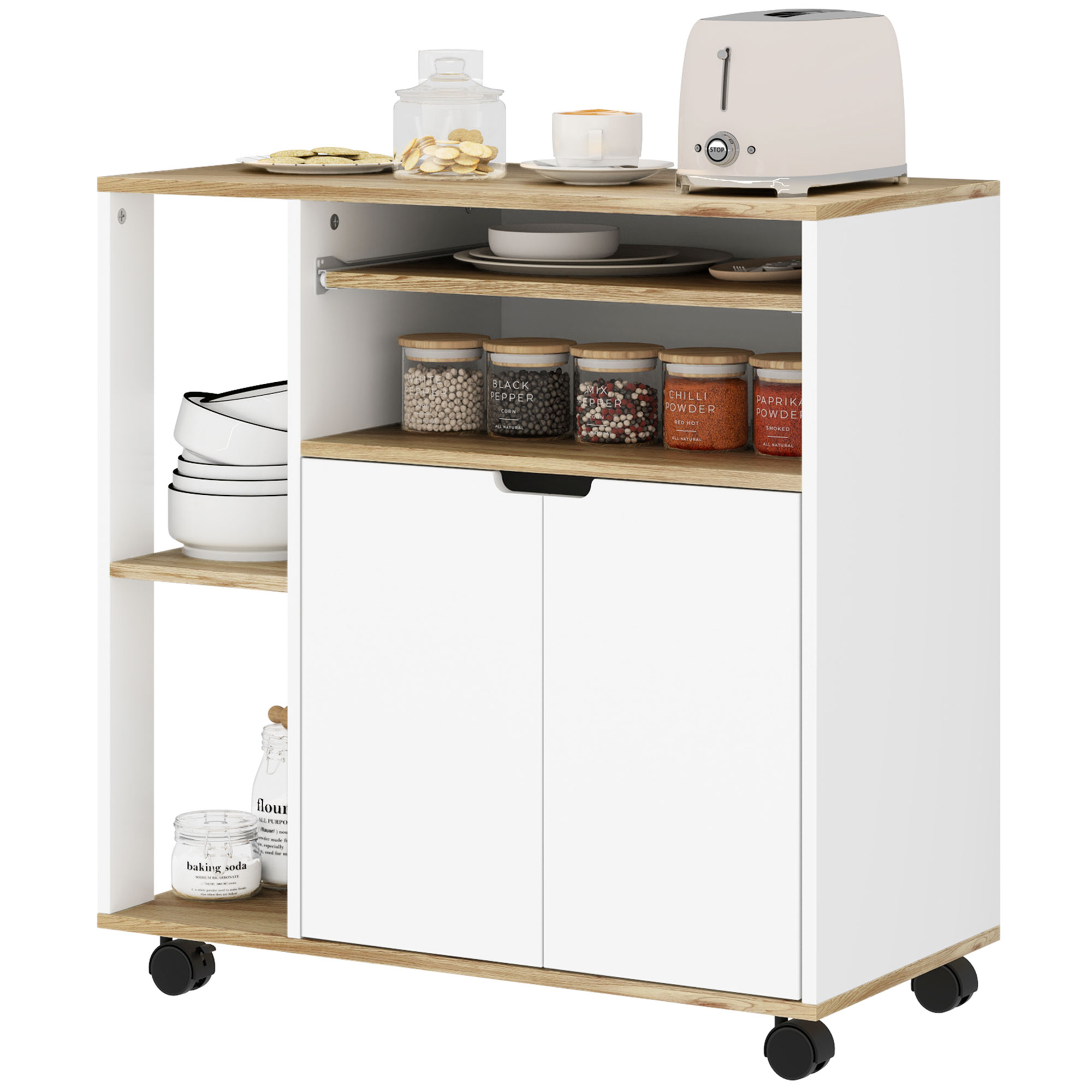 Rijdende Keukentrolley met Opbergruimte, Schrank, Verstelbare Planken, voor Keuken, Woonkamer, Eetkamer, Wit