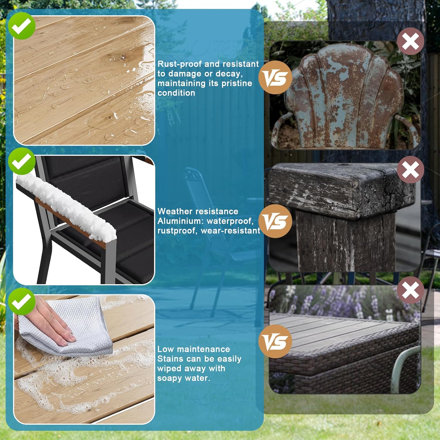JUMMICO Gartenmöbel Set Terrassen Set Aluminium Gestell mit Holzoptik PS Tischplatte Komfortabler Hochlehner Einfach Montiert,8 Personen Set