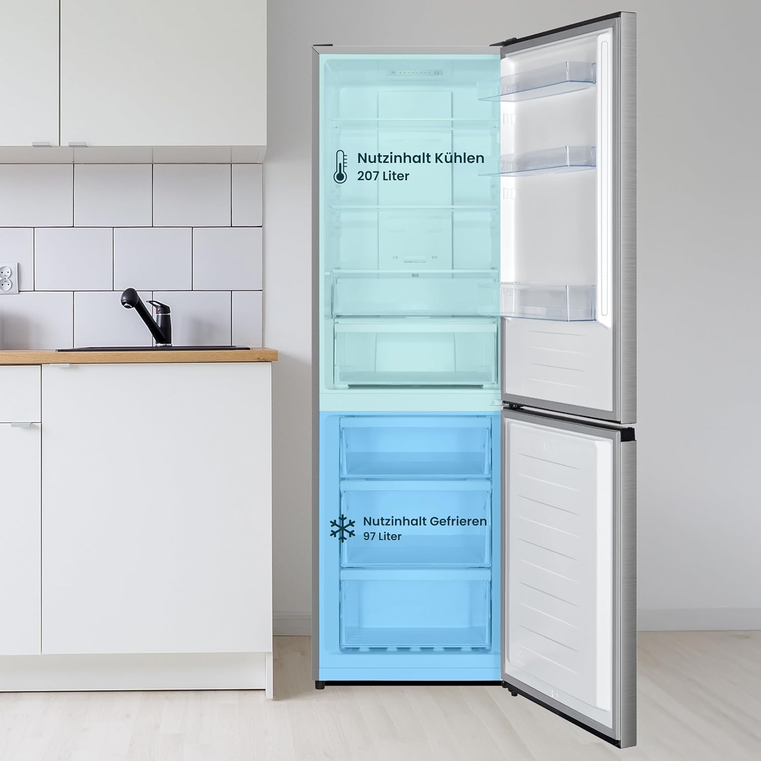 homeX Kühlschrank mit Gefrierfach No Frost, Kühl-Gefrier-Kombination freistehend, groß - 304 Liter, Fresh Box, Super-Frost, leise 35 dB, EEK A, Kühl Gefrierkombination, silber, CFSN3041A-S