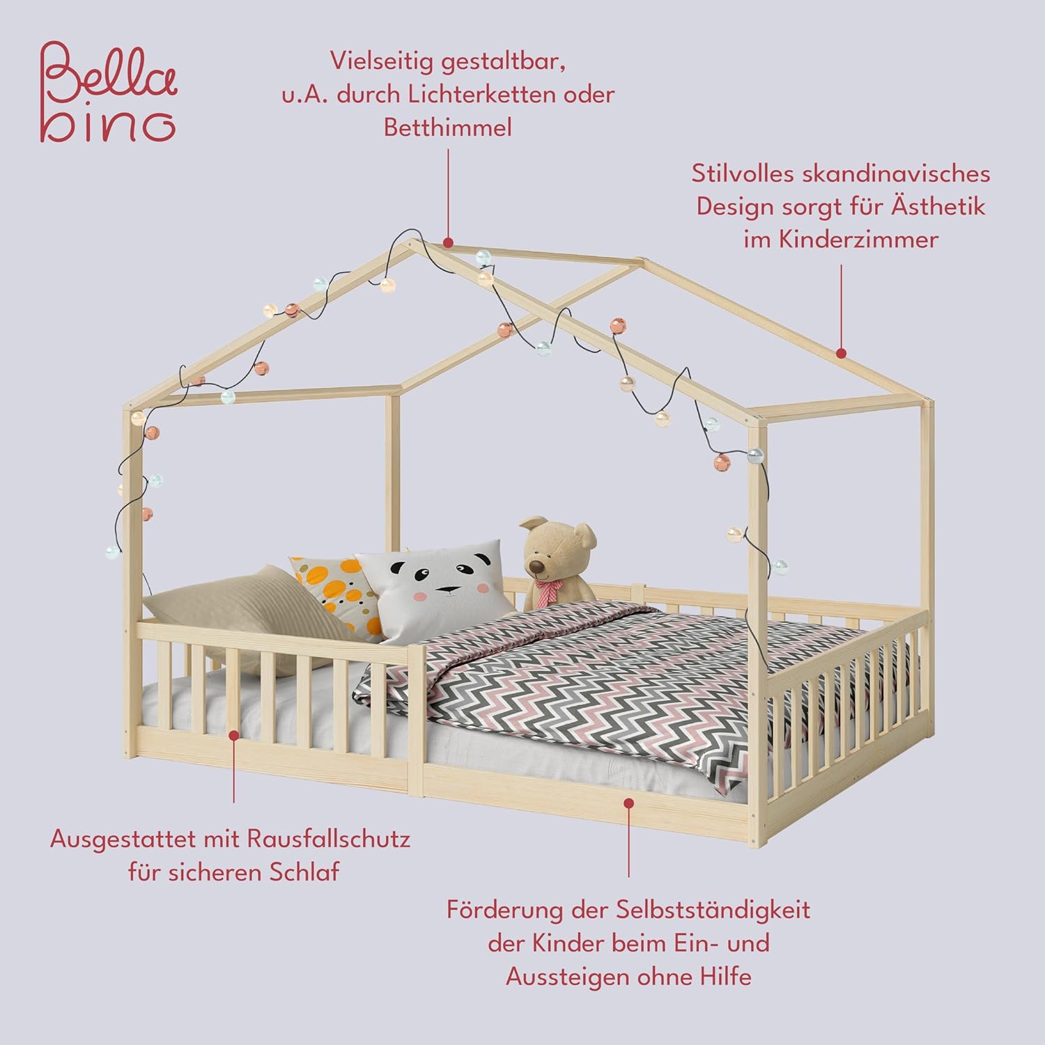 Bellabino Kinderbett Bia 140x200 cm, Hausbett Kinder inkl. Rausfallschutz und Rolllattenrost, Montessori Bodenbett weiß aus Massivholz Kiefer