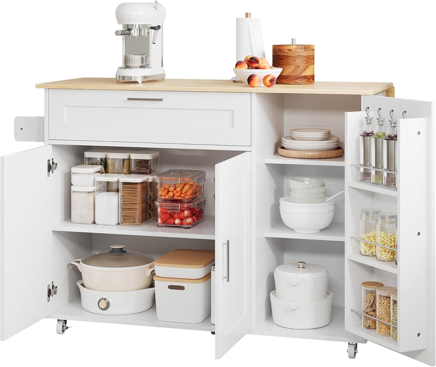 Mobiler Küchentisch, Arbeitsplatte Klappbar, Eiche Maserung, Multifunktionaler Schrank, Gewürzregal, Handtuchhalter, 5 Rollen, Weiß Geeignet für Küche/Essen/Haus