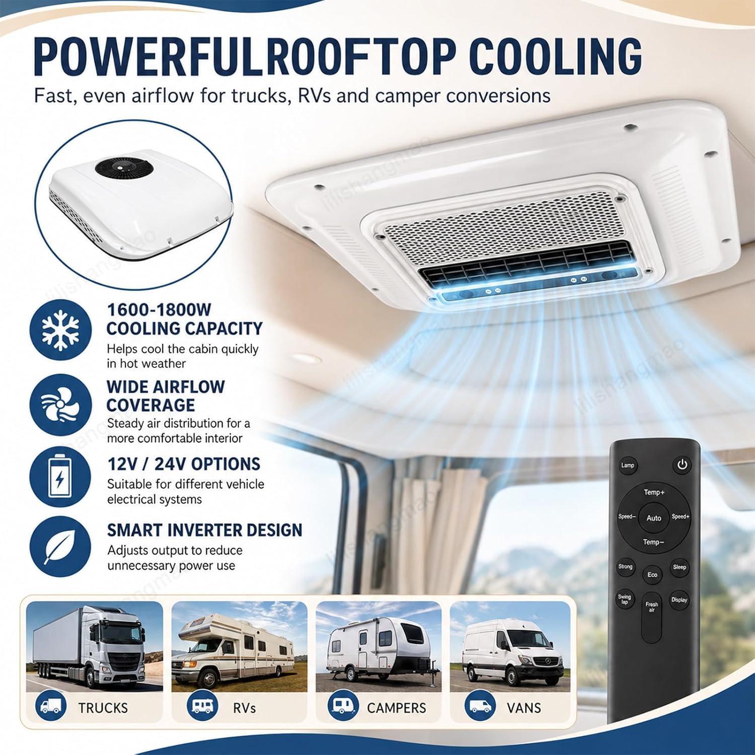 Dach-Standklimaanlage 12V/24V, Wohnmobil-Klimaanlage Mit DC-Inverter-Kompressor, Unterspannungsschutz Und 1600W-1800W Kühlung Für LKW, Camper Und Wohnmobil 24V