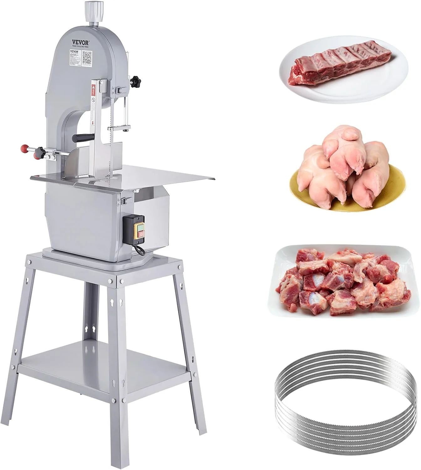 VEVOR Sierra Eléctrica Comercial para Huesos de Carnicero Sierra de Cinta para Huesos 1500 W 300 kg/h Sierra Eléctrica para Carne Congelada y Huesos Espesor 4-200 mm para Restaurante 54x49,5x142 cm