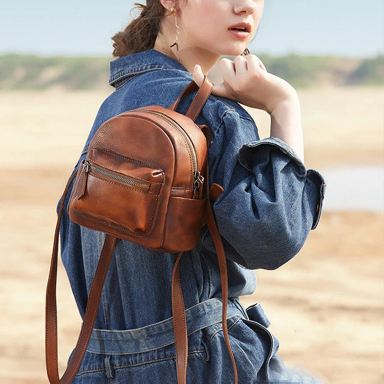 Brown Small Full Grain Leather Backpack Bag