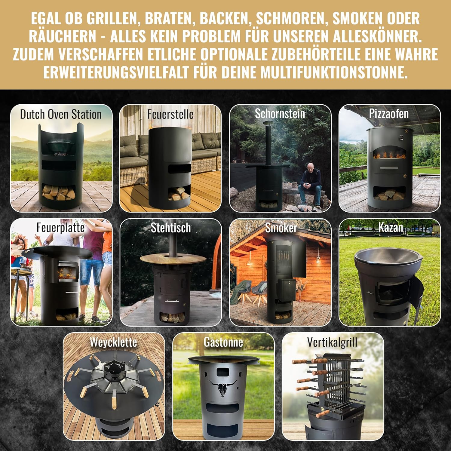 Komplettset – Multifunktionstonne mit 100cm Feuerplatte in 10mm Stärke #2066 – Feuerkorb & Zubehör – A. Weyck Tools Vielseitige Dutch Oven Station, Feuertonne & Grillfass – Hitzebeständig bis 700 Grad