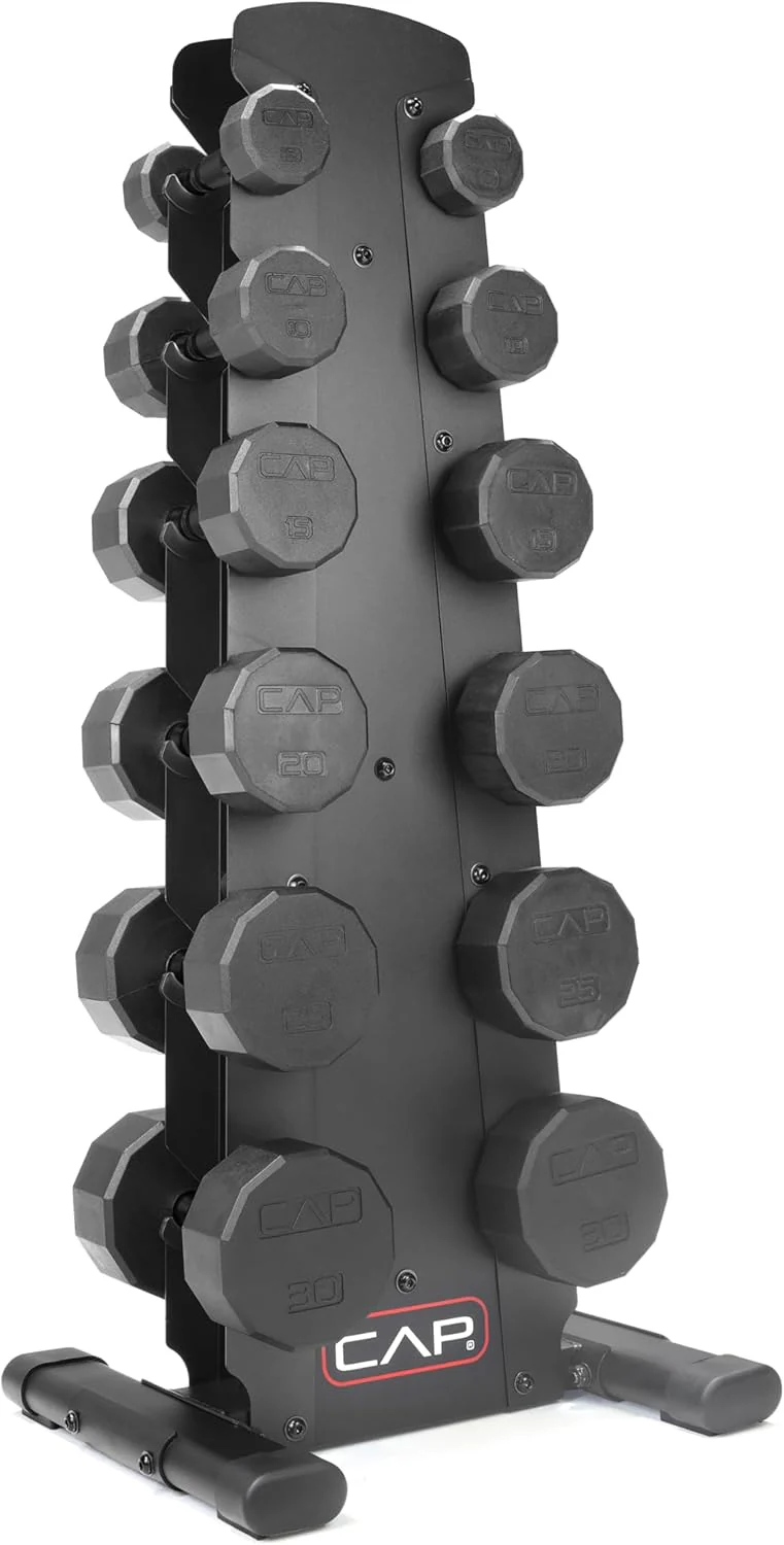CAP Barbell Rubber Coated Dumbbell Weight Set with Vertical Rack | 100 lb, 150 lb, and 210 lb Options