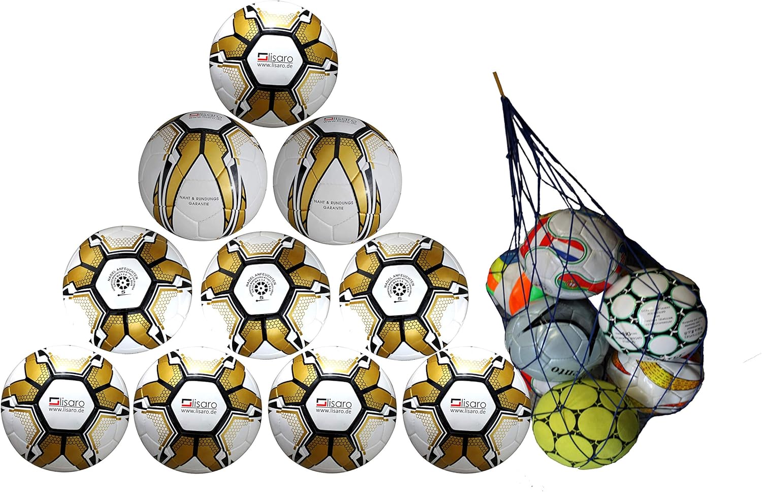 Lisaro 10 Fußbälle / 10er Ballpaket Trainingsball Gr. 5 weiß/Gold + Gratis Ball-Netz