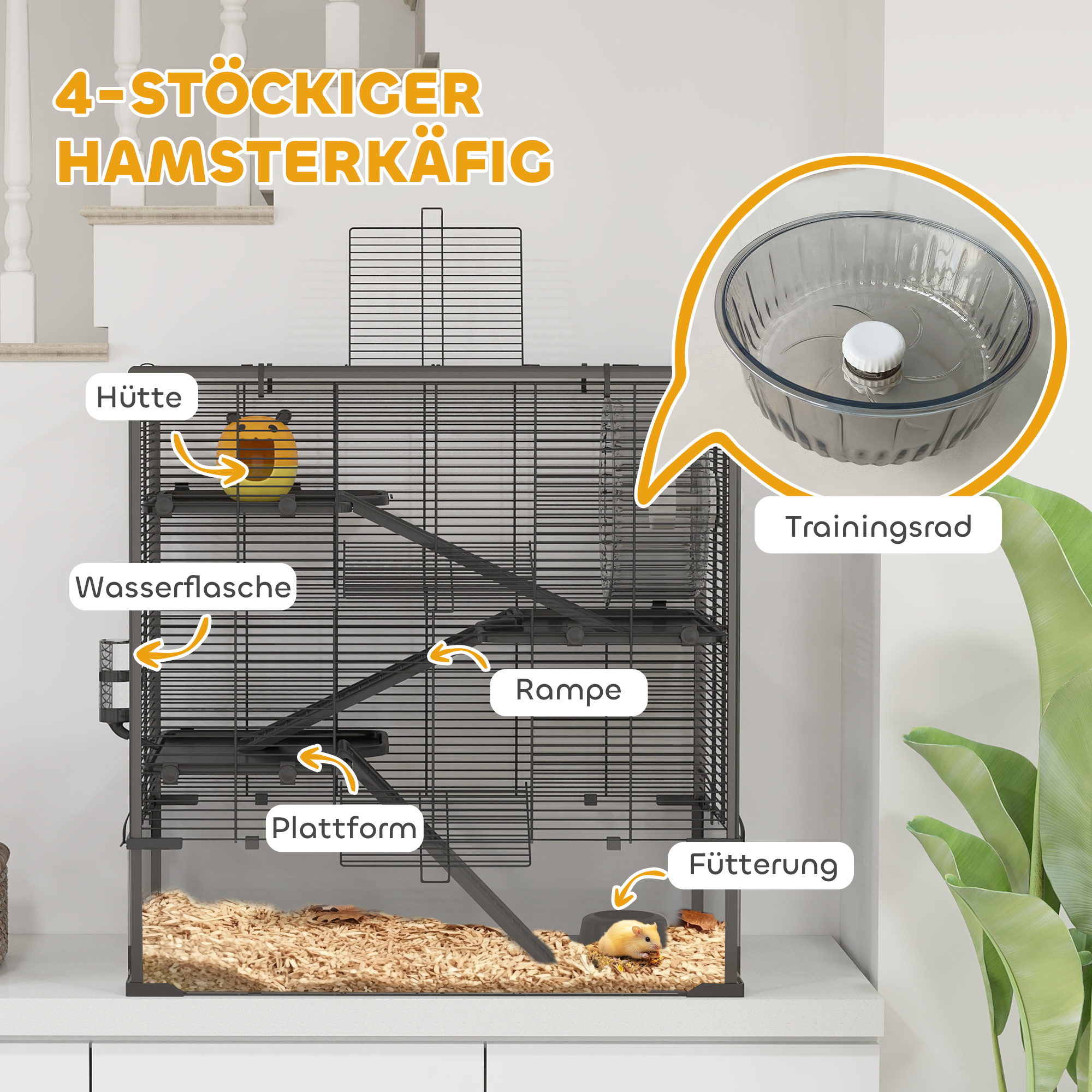 Hamsterkooi met glazen bodem, 4-niveau knaagdieren verblijf met hut en accessoires, 78,5L x 48,5B x 80H cm, Zwart