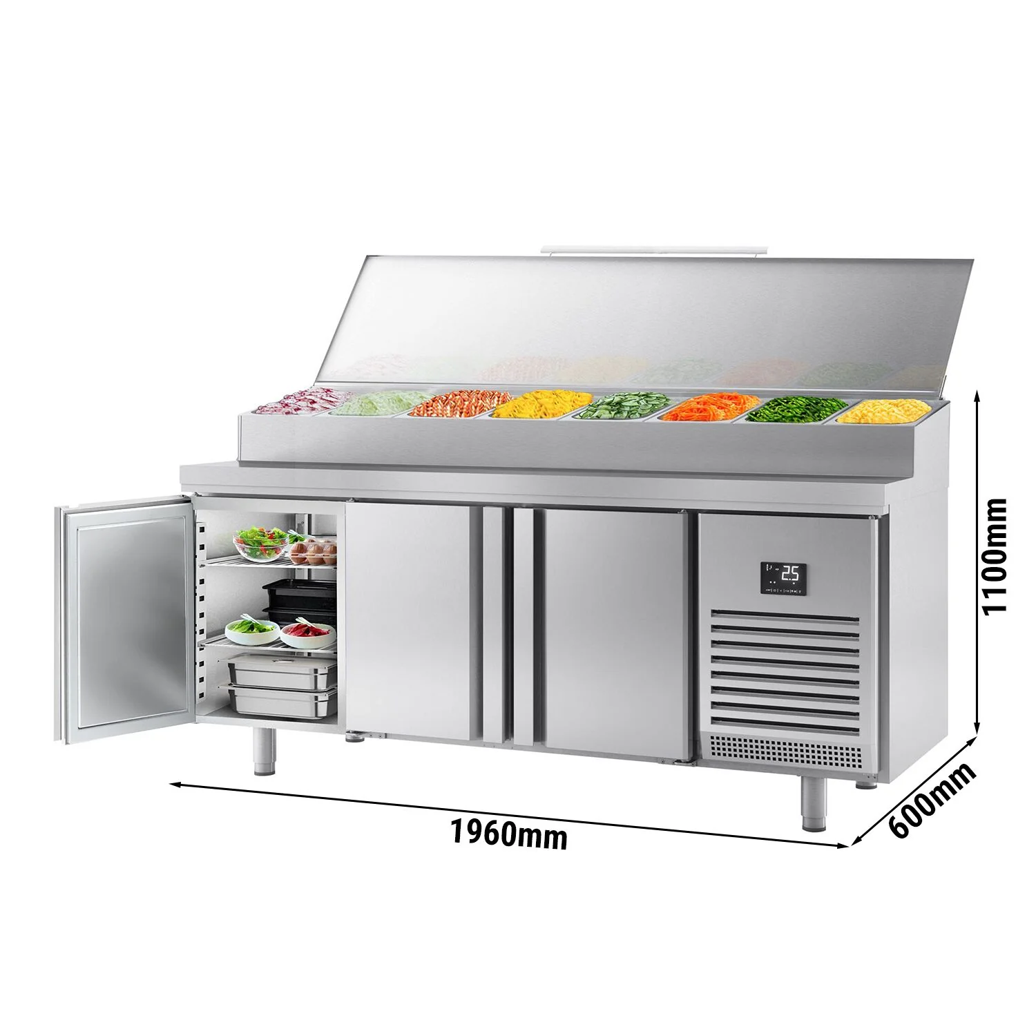 Saladette - 1960x600 mm - 3 dører - med lokk - for 11x GN 1/4 beholdere