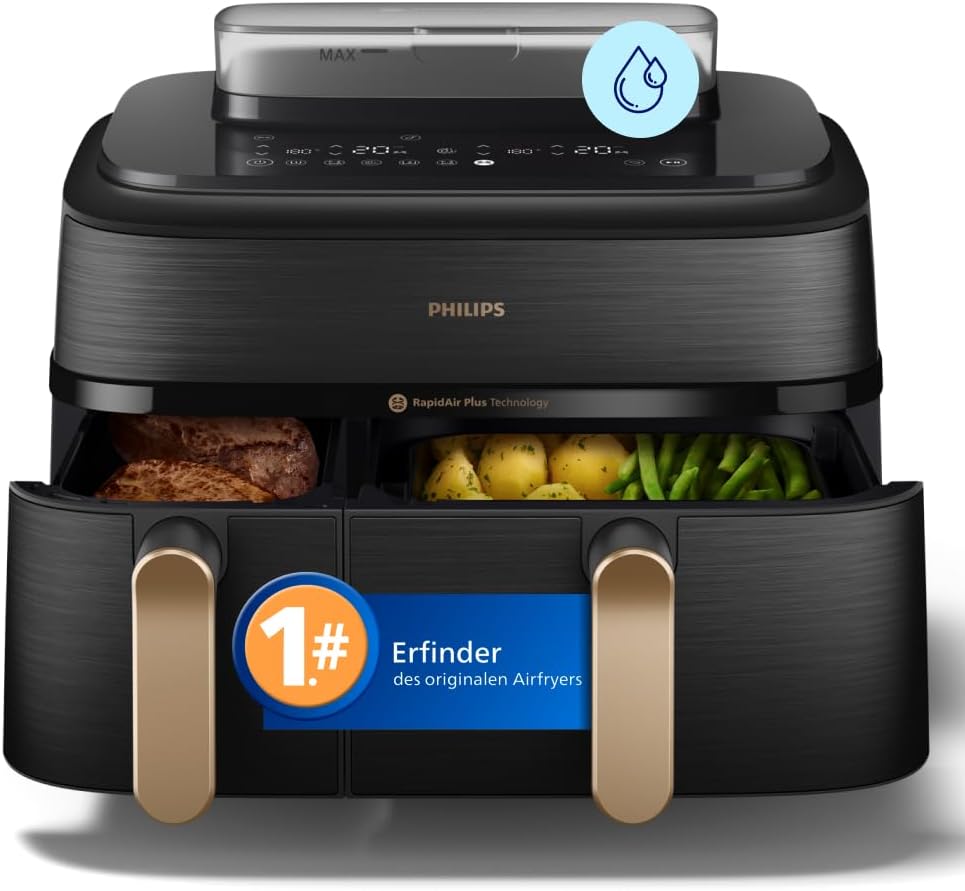 Philips Steam Airfryer 5000 Series Dual Basket Heißluftfritteuse mit Dampfgar-Funktion & 2 Körben – Steam, Airfry, SteamFry, 9L (3L+6L), RapidAir Plus, automatische Dampfreinigung (NA550/00)