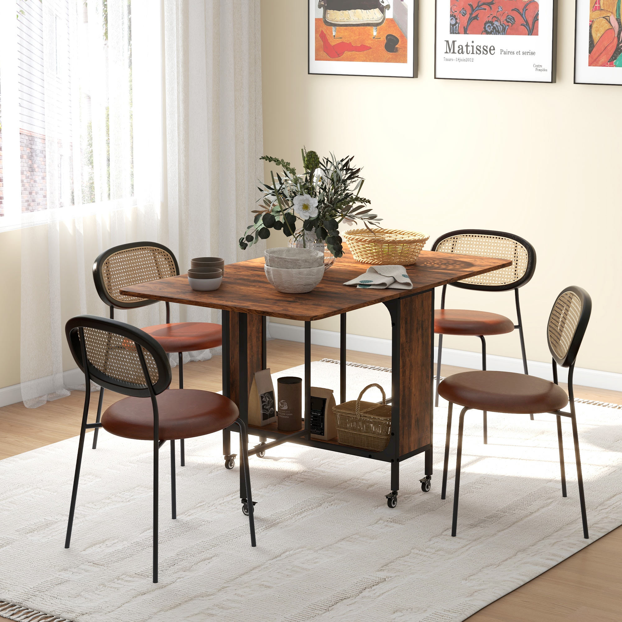 Opklapbare Eettafel, Mobiele Klaptafel voor 6 Personen met Opbergruimte, Draagvermogen tot 50 kg, 130 x 80 x 74 cm, Rustiek-Bruin
