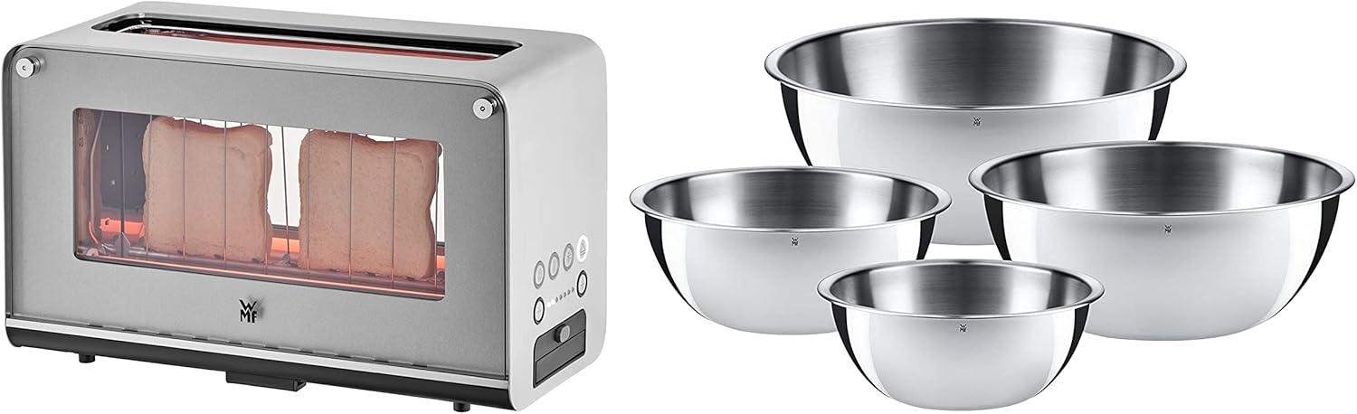 WMF Lono Toaster Glas mit Brtchenaufsatz, 2 Scheiben, XXL, motorisierte Toastaufnahme, Aufwrm-Funktion, 7 Brunungsstufen, Toaster edelstahl matt