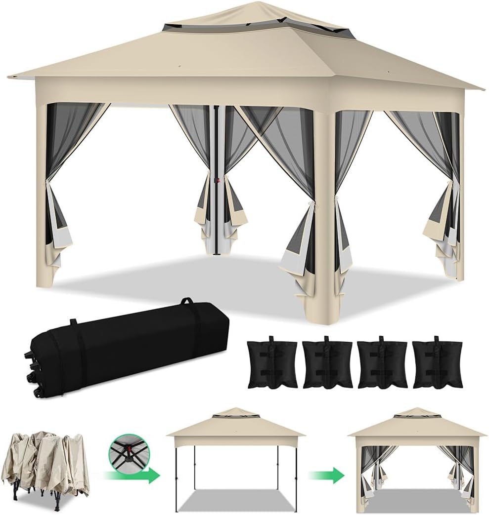 Gartenpavillon 3x3m Wasserdicht UV-beständig, Pavillon mit 4 Seitenteilen, Höhenverstellbar, Stabil Partyzelt mit Sandsäcken & Tragetasche mit Rädern für Garten Party Camping, Beige