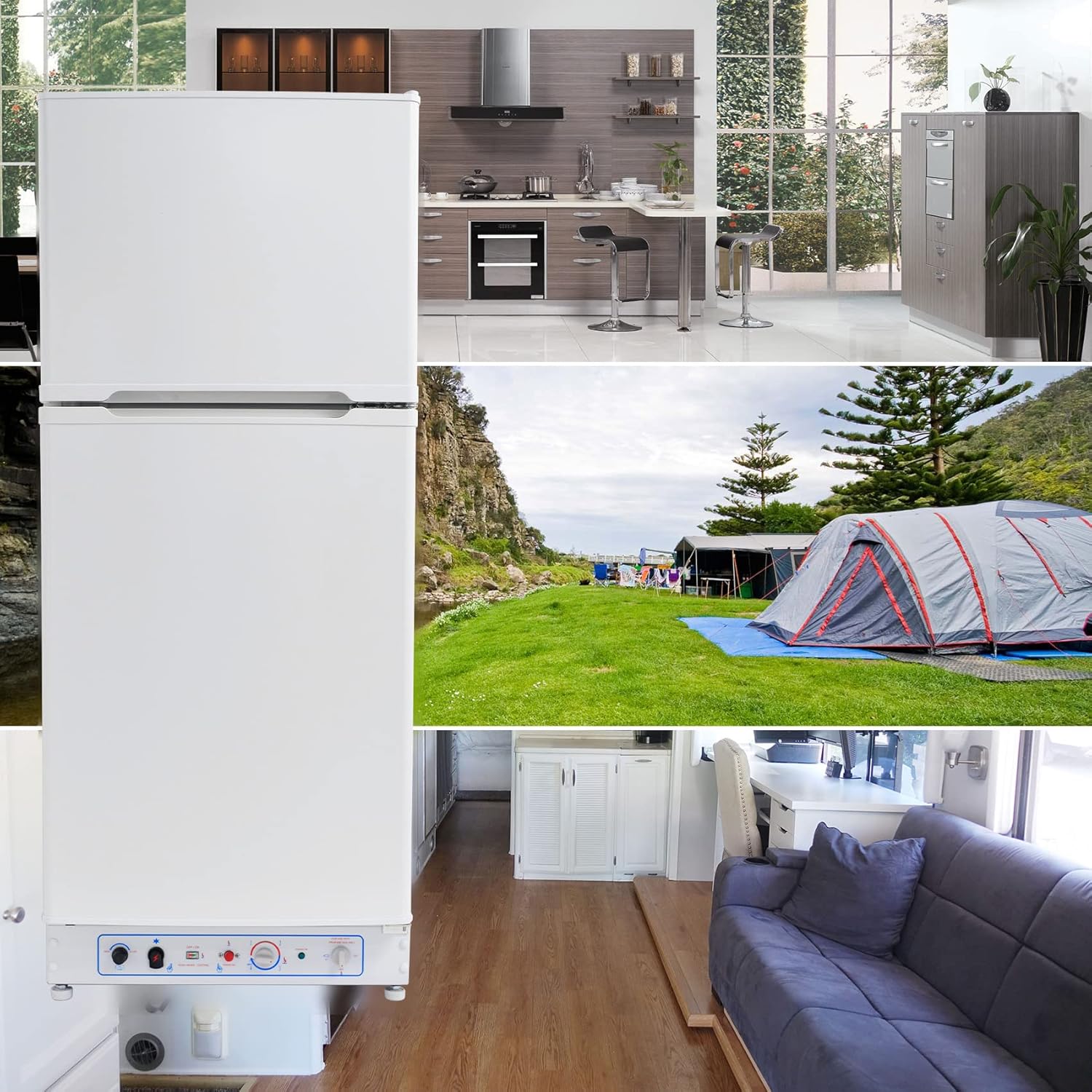 Frigo Congélateur Gaz/220V, Frigo Congélateur Combiné 175 litres (129+46), Réfrigérateur Congélateur Camping Gaz, Silencieux pour Gîte, Garage, Cabanon, Chalet, Mobile-home, Blanc