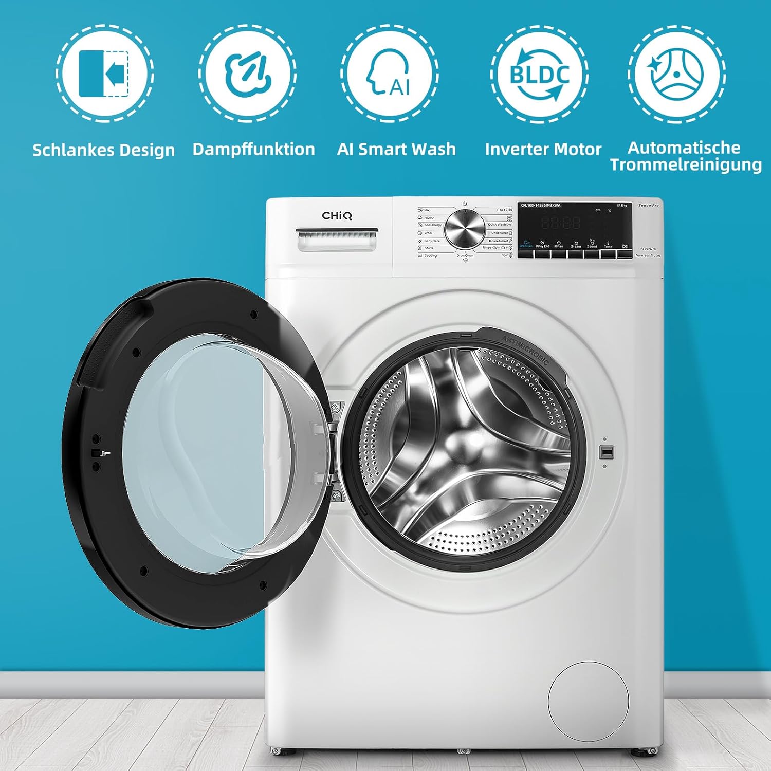 CHiQ Waschmaschine 7kg, 15 Programme, InverterMotor, Eco-Logic, Speed Wash, 60x46,5x84cm, Auto Clean, Washer Grau, CW07123863AX