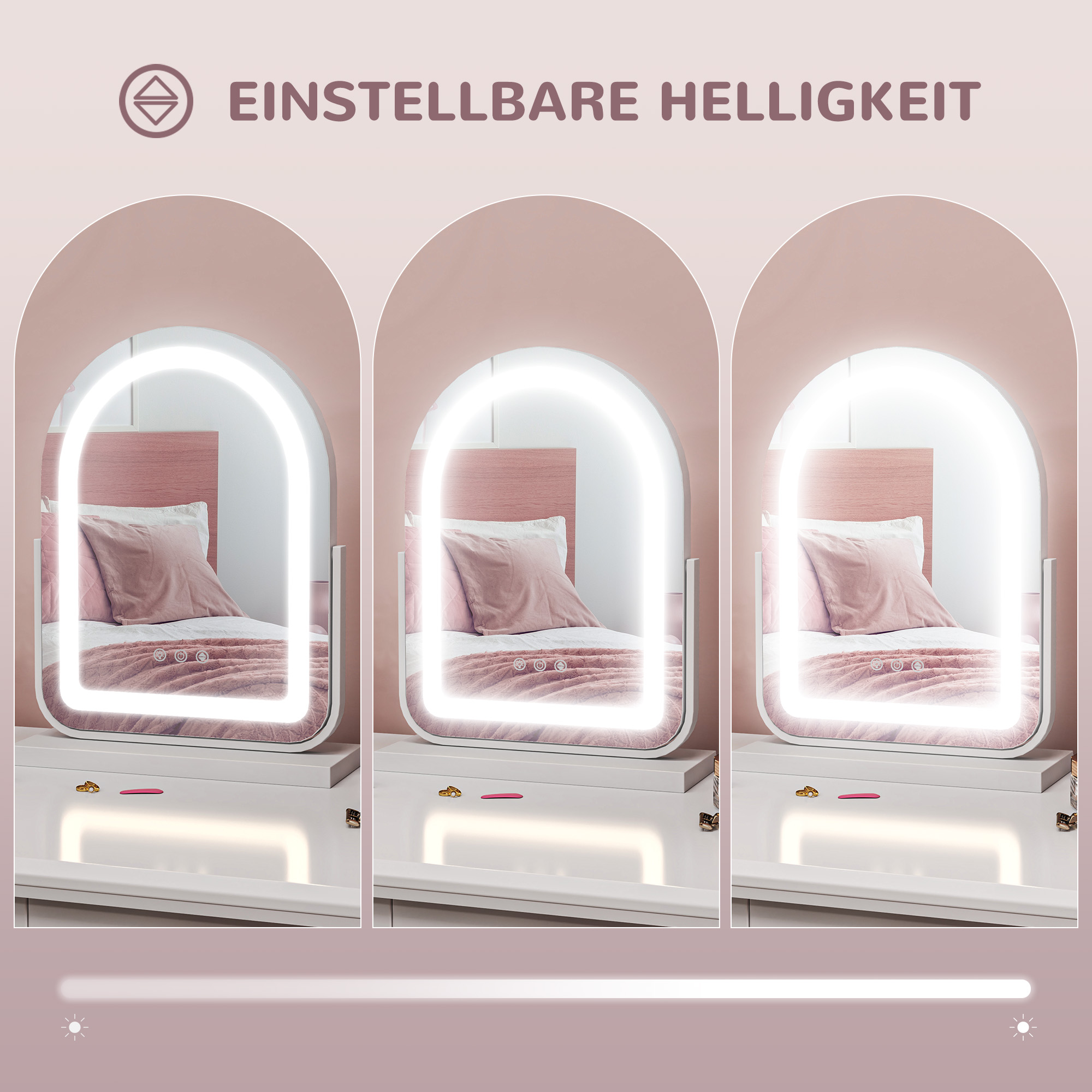 Make-upspiegel met LED-verlichting, 3 lichttemperaturen, draaibaar, touch-bediening, wit
