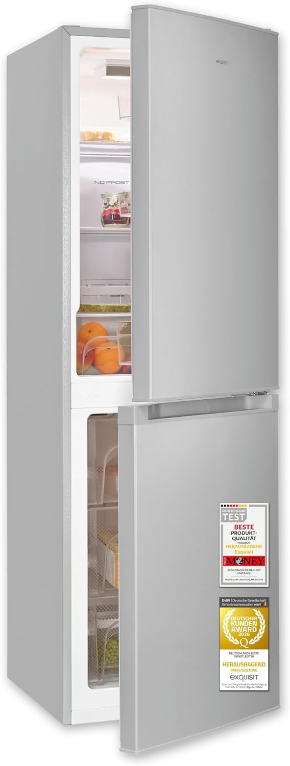 Exquisit Kühl-Gefrierkombination No Frost | 193 l, No Frost Kühlschrank, Energieklasse E, 41 dB, LED, 160 x 51 x 61 cm | KGC5195-65-NF-330E silber