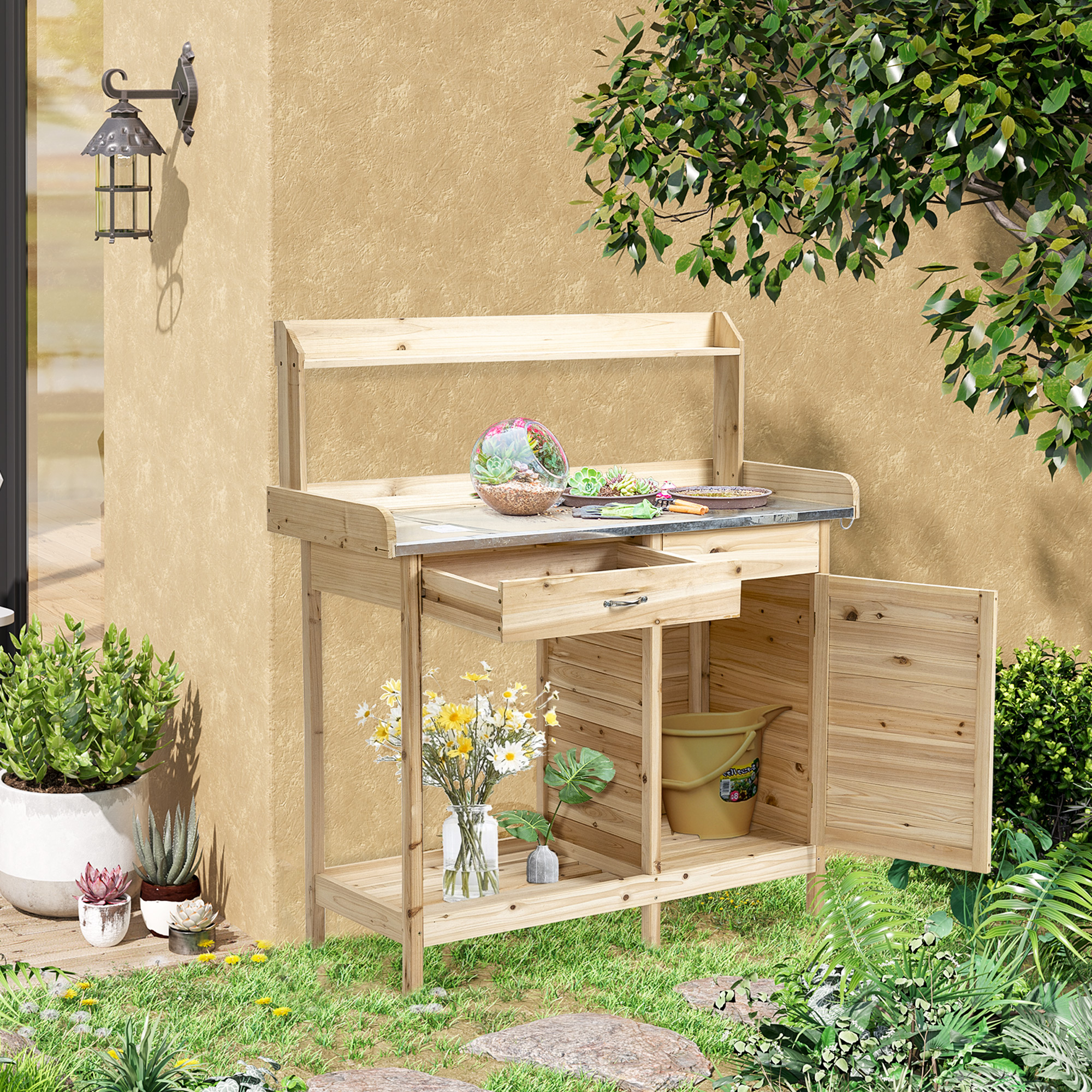Outsunny planttafel met gegalvaniseerd werkblad, tuintafel met lade, kast, tuinwerktafel, massief hout, naturel, 112 x 45 x 125 cm