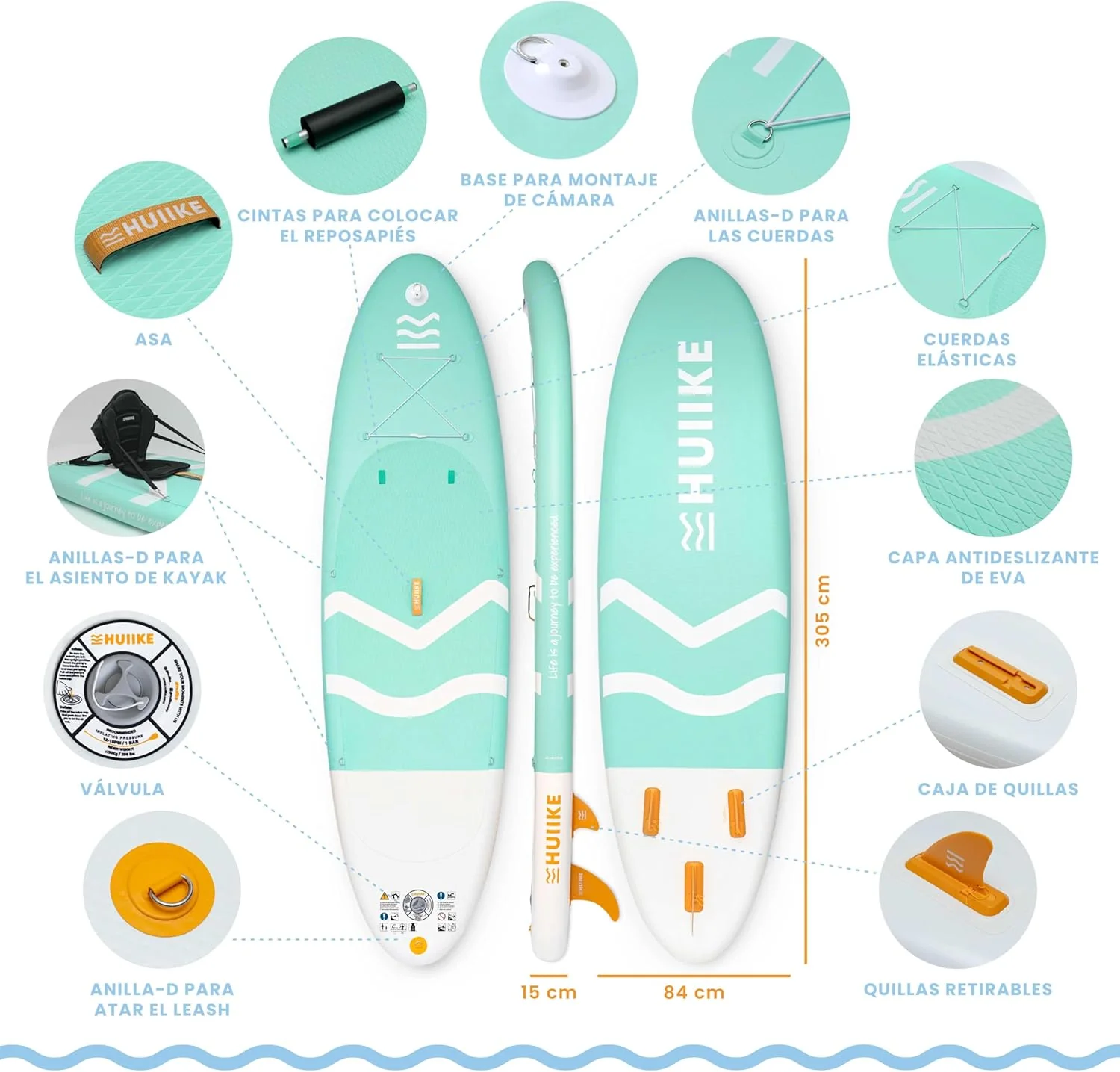 HUIIKE Tabla Paddle Surf Hinchable con Accesorios Incluidos, Remo, Quillas, Inflador. Stand Up Paddle Board Gran Estabilidad y Resistencia. 305 x 84 x 15 cm, Soporta hasta 130 kg