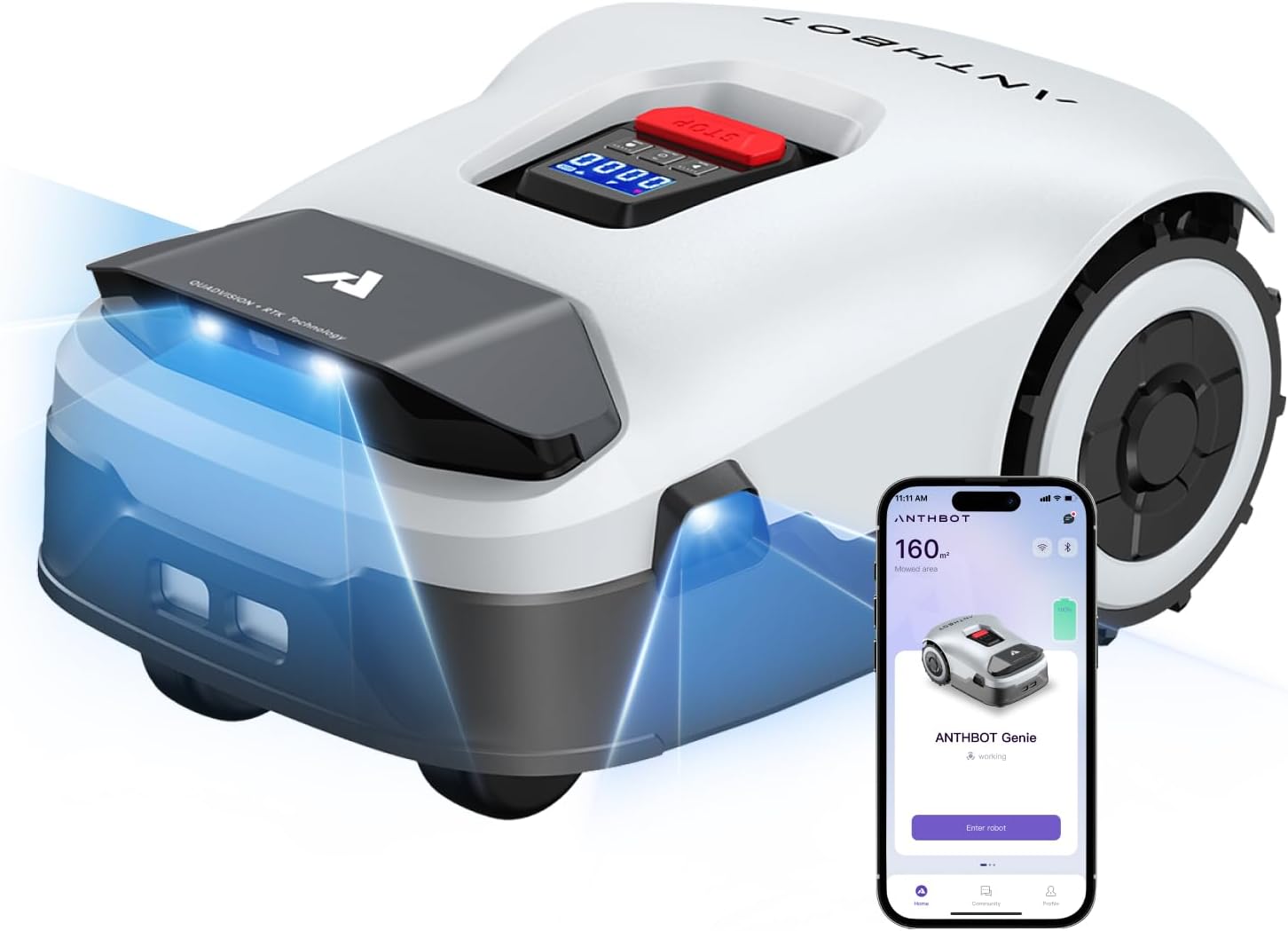 ANTHBOT Genie 600 Rasenmäher Roboter ohne Begrenzungskabel, Intelligenter Mähroboter mit RTK & 4-Kamera-Vision, Smart Mapping, KI-Hinderniserkennung, App-Steuerung & Regensensor, bis 900 m²