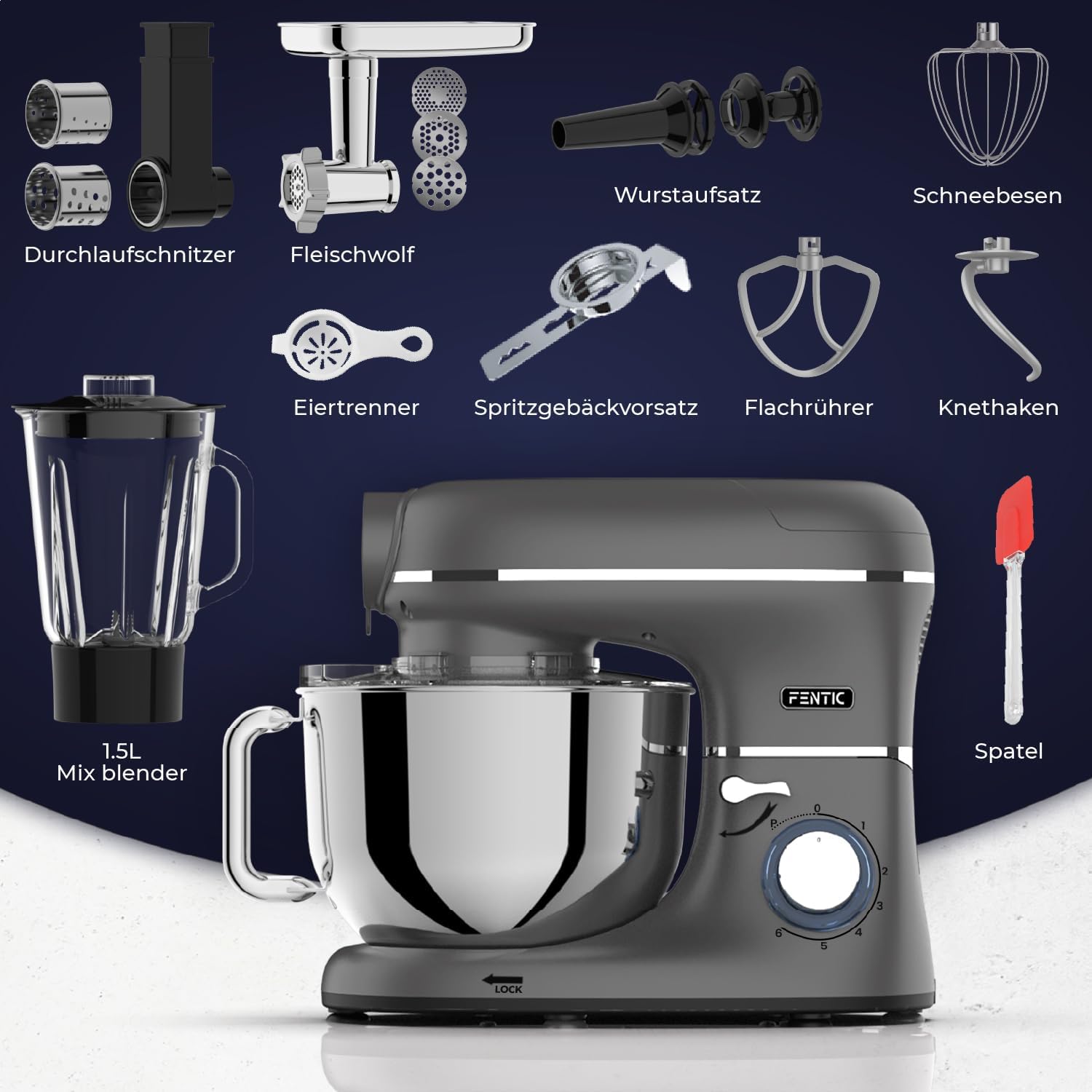 Fentic 6-in-1 Küchenmaschine – 2000W – Mit Fleischwolf, 1,5L Entsafter, Gemüseschneider und Mehr – Knetmaschine mit 6,2L Rührschüssel, Rührhaken, Knethaken, Schlagbesen und Spritzschutz (Schwarz)