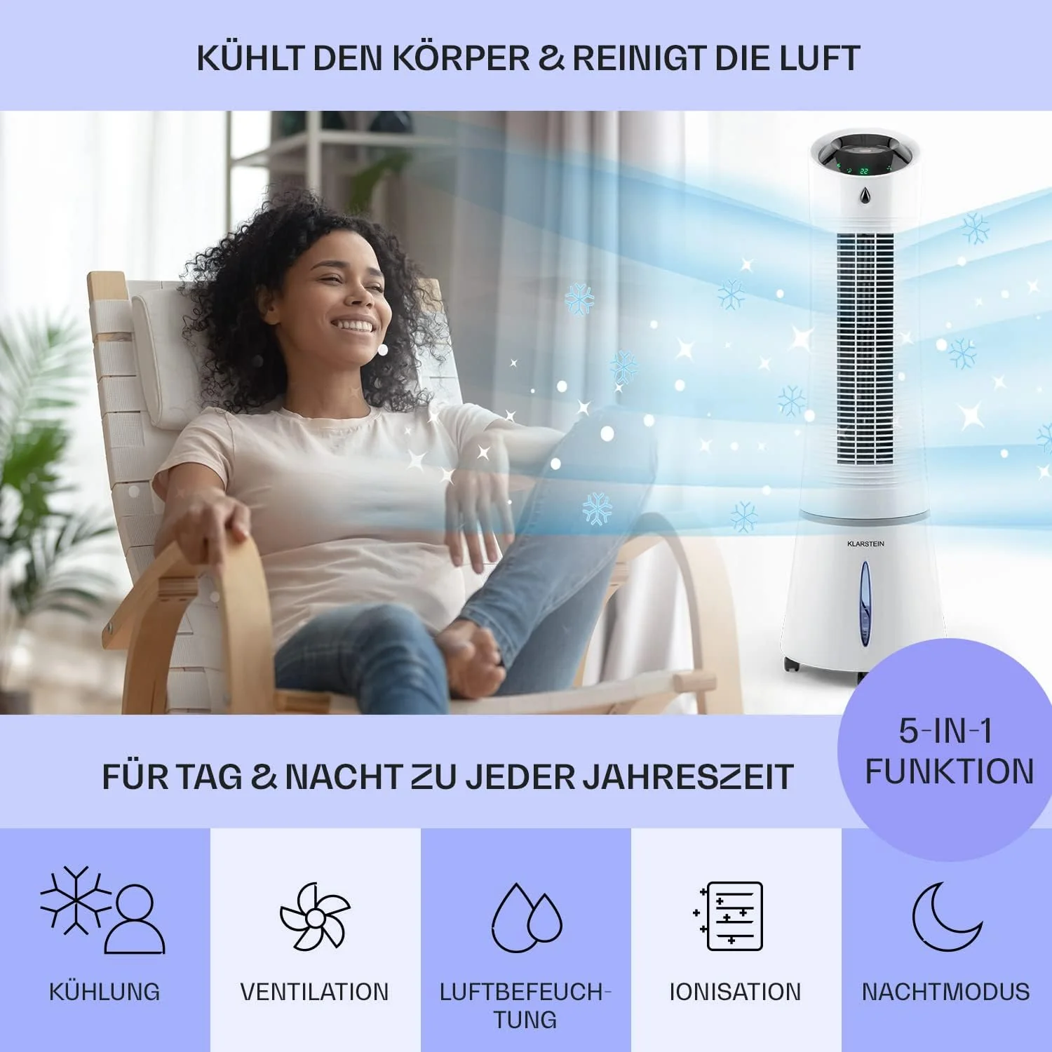 Klarstein 4-in-1: Slimme luchtkoeler, ventilator, luchtbevochtiger & ionisatie I 6 L watertank, oscillatie, 30 W, 210 m3/u, timer I Klimaatregelaar zonder afvoerslang, Mobiele airconditioner, Zwart-ros��goud