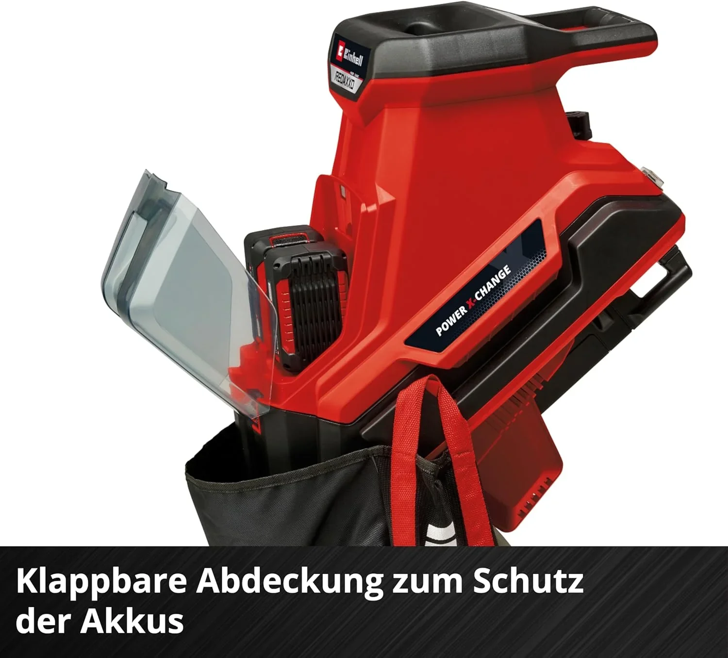 Einhell Akku-Messerh?cksler REDAXXO 36/25 Power X-Change (36 V, max. 25 mm Astst?rke, 3 Wendemesser aus Stahl, 55 L Fangsack, Transportgriff, Stopfer)