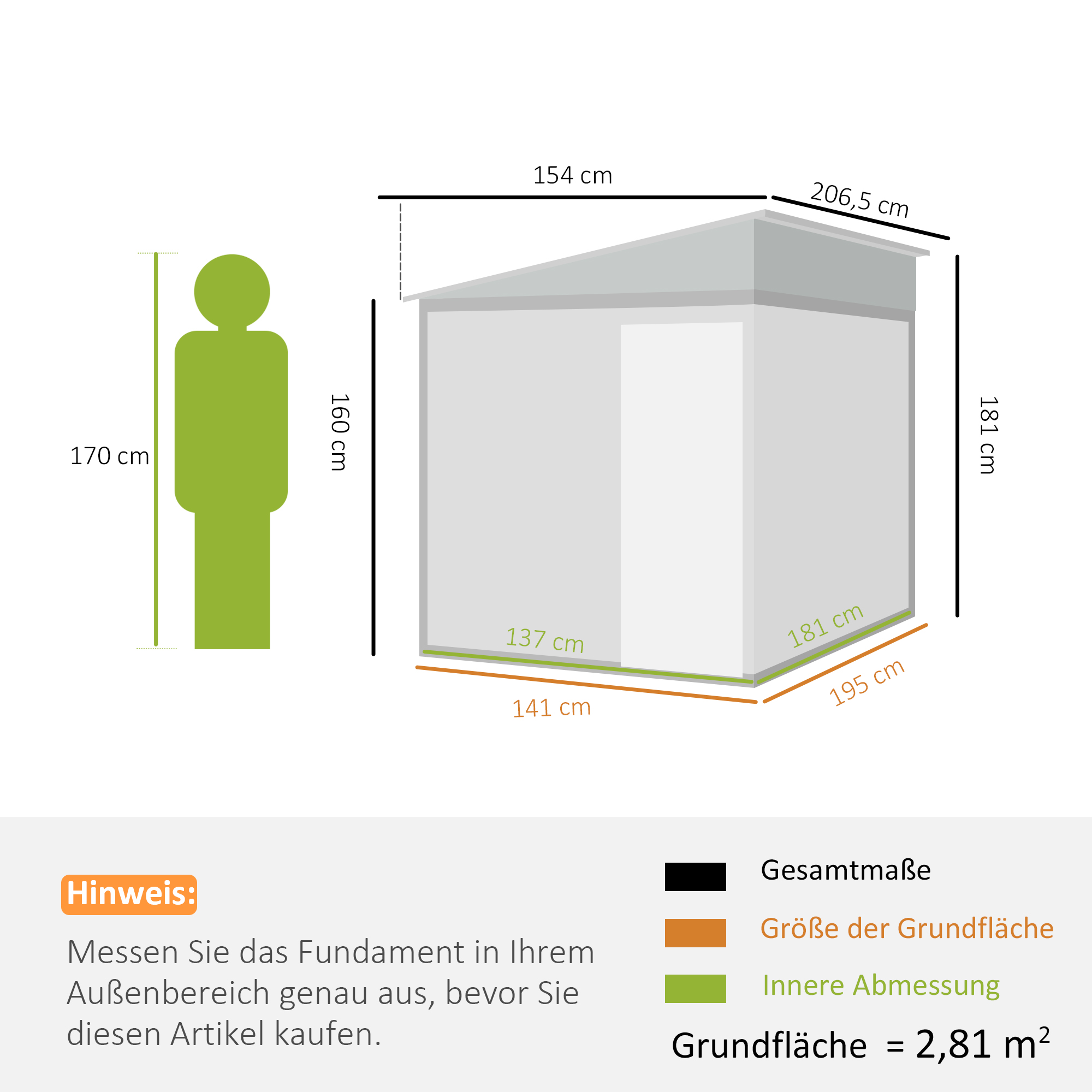 Metalen tuinberging 2,81m2 154x206,5x181 cm met pultdak en fundament
