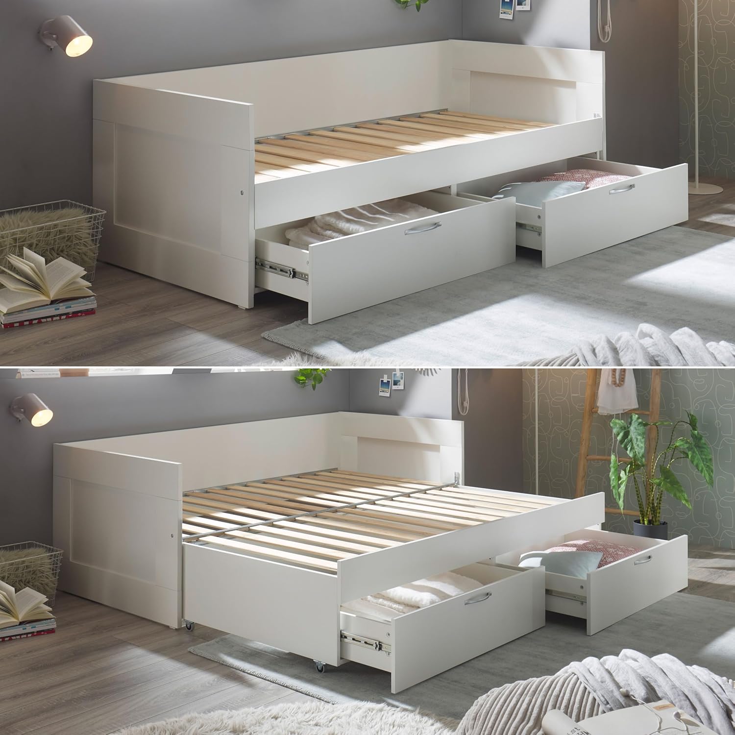 SALIAS Funktionsbett 90 x 200 cm mit ausziehbarer Liegefläche - Platzsparendes Jugendzimmer Einzelbett mit Bettkasten in Weiß - 205 x 68 x 97 cm (B/H/T)