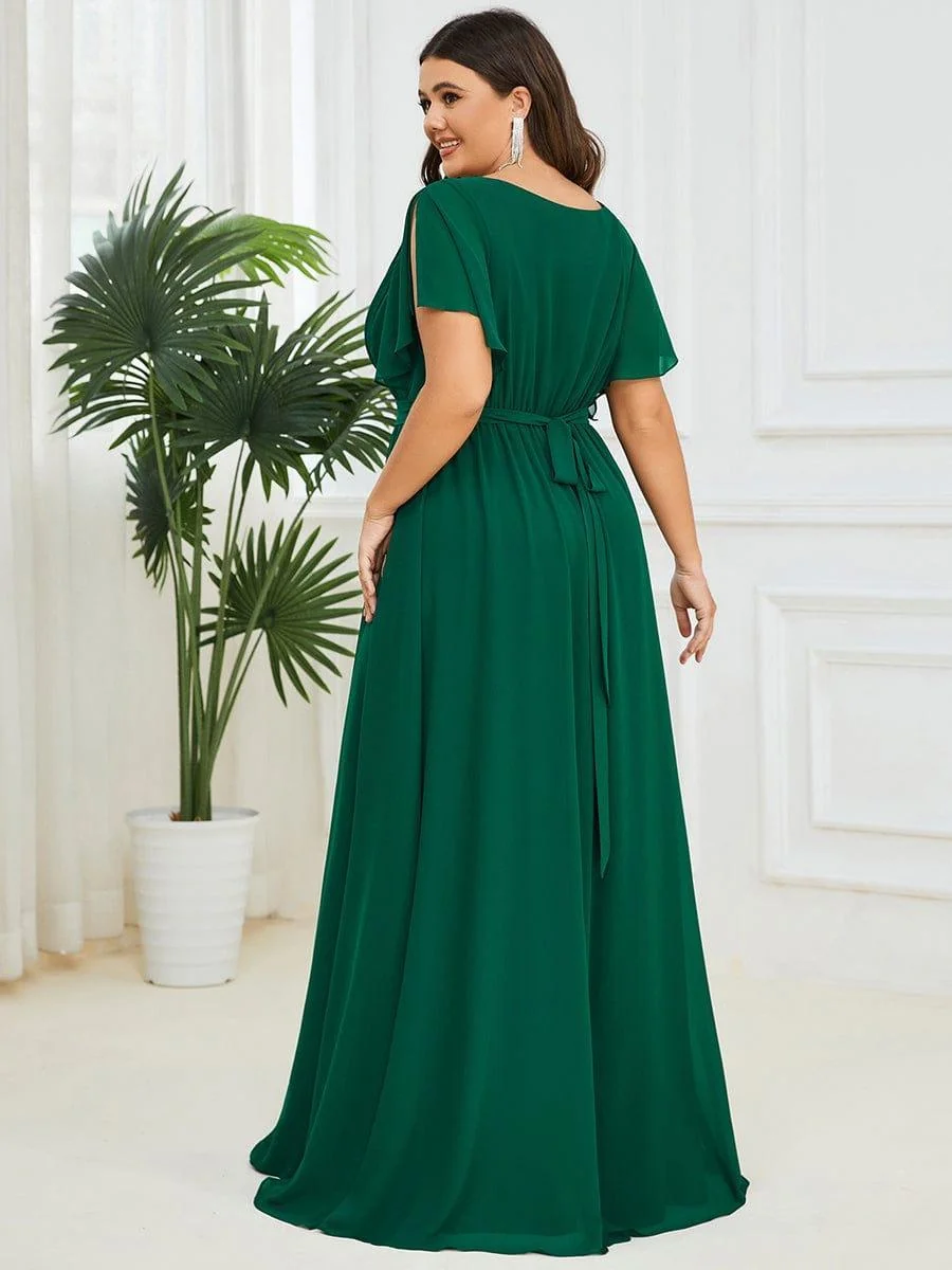Abendkleid Damen Maxi A-Linie aus Chiffon | Festliches Kleid f��r Hochzeitsg?ste mit V-Ausschnitt und Fl��gel?rmeln