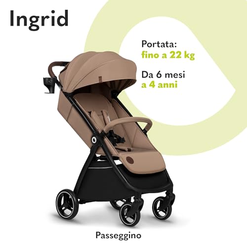 LIONELO INGRID Passeggino leggero per bambini da 6mesi a 4 anni/22kg Grandi ruote 360° in Schiuma EVA Assorbimento Pieghevole con una mano Schienale e poggiapiedi regolabili (INGRID, Beige) : Prima infanzia