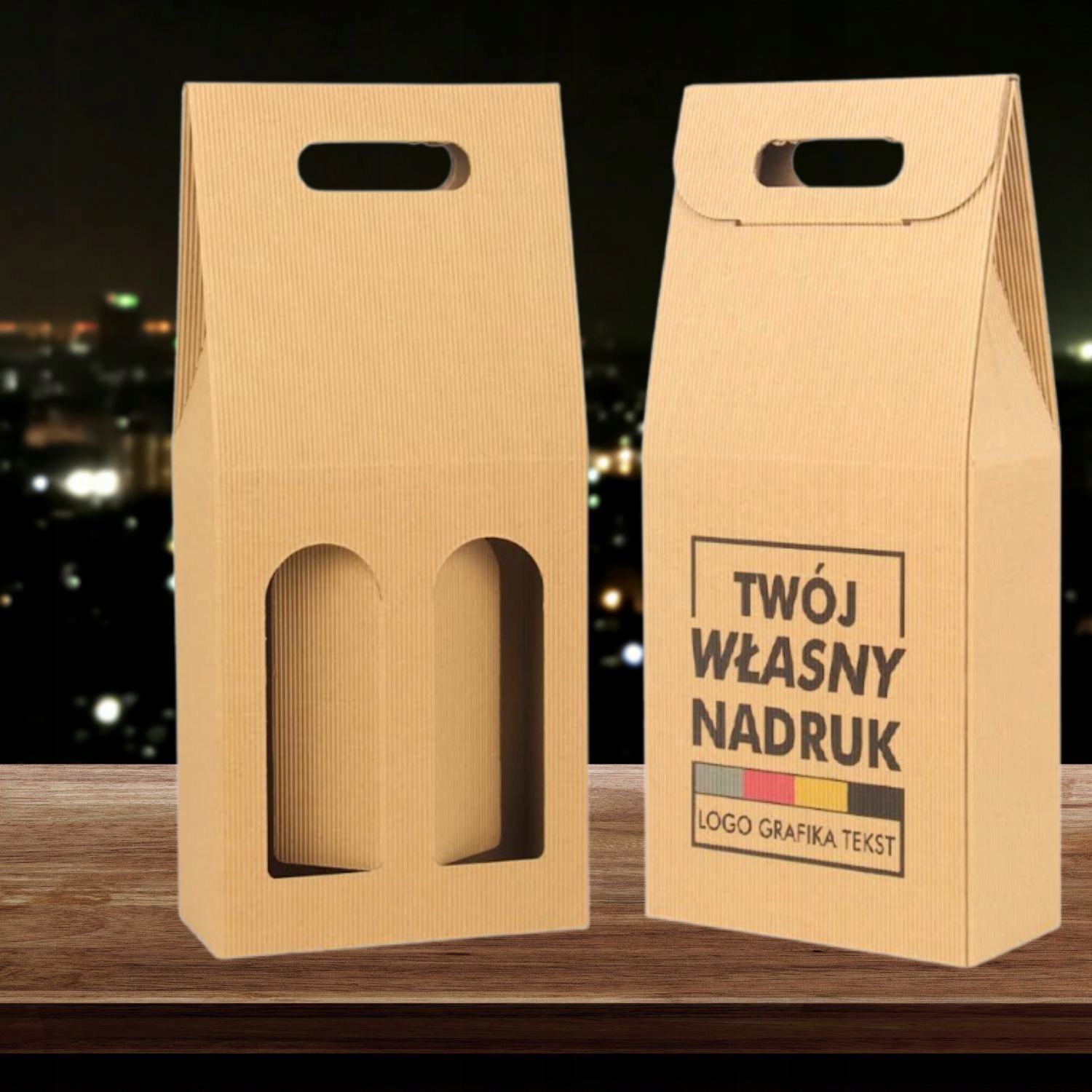 Torebka Pudełko na 2 Wina z Okienkiem LOGO Full Kolor 18x9x40 cm 100 sztuk