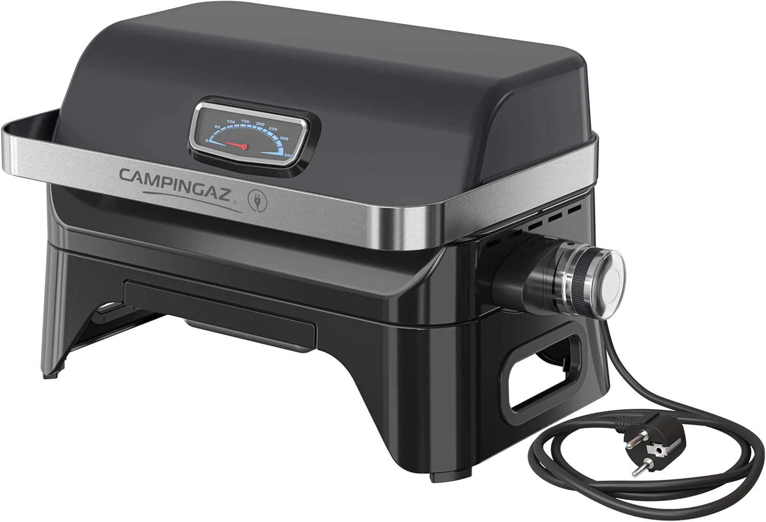 Campingaz Grill Attitude2go, gasbarbecue & elektrische barbecue, tafelbarbecue, draagbare balkon-, campingbarbecue, met deksel, thermometer en gietijzeren grillrooster, werkt op gas of elektriciteit