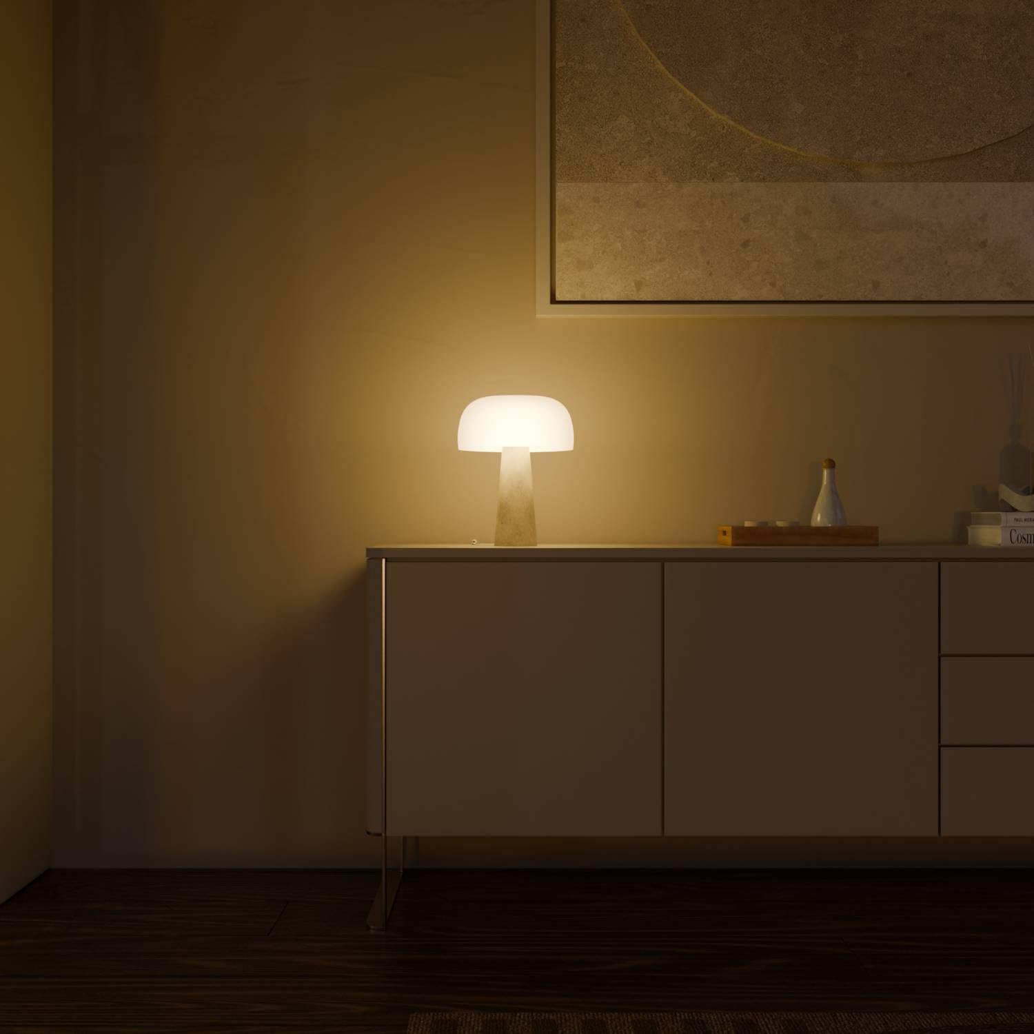 Lyra Design Tischleuchte mit Travertinfuß, LED Tischlampe aus Glas dimmbar 2200 K warmweiß