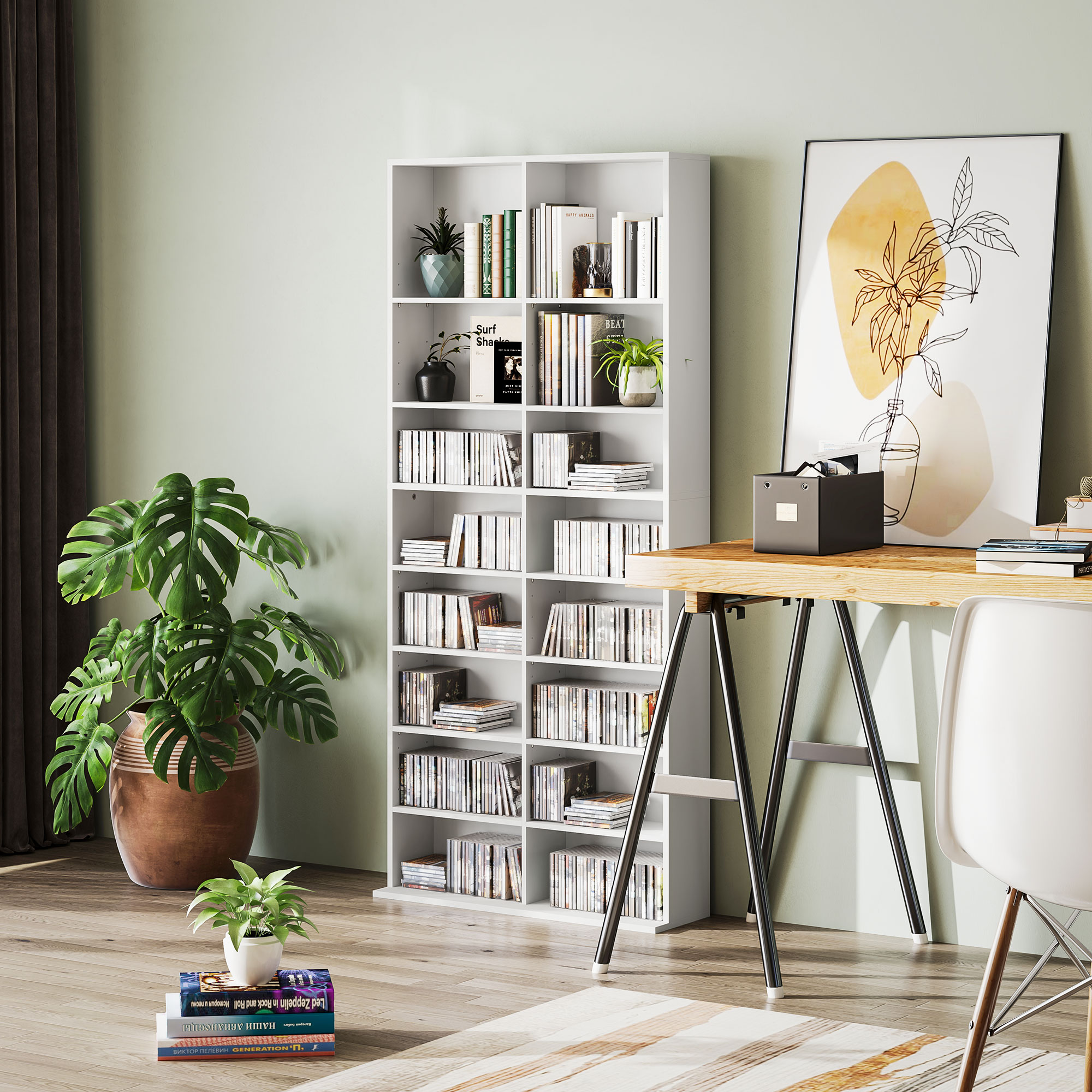 DVD-Rek, CD-Opslagrek, 14 Aanpasbare Planken, 18 Vakken, 175 cm, Blu-ray-Rek, Spaanplaat, Wit