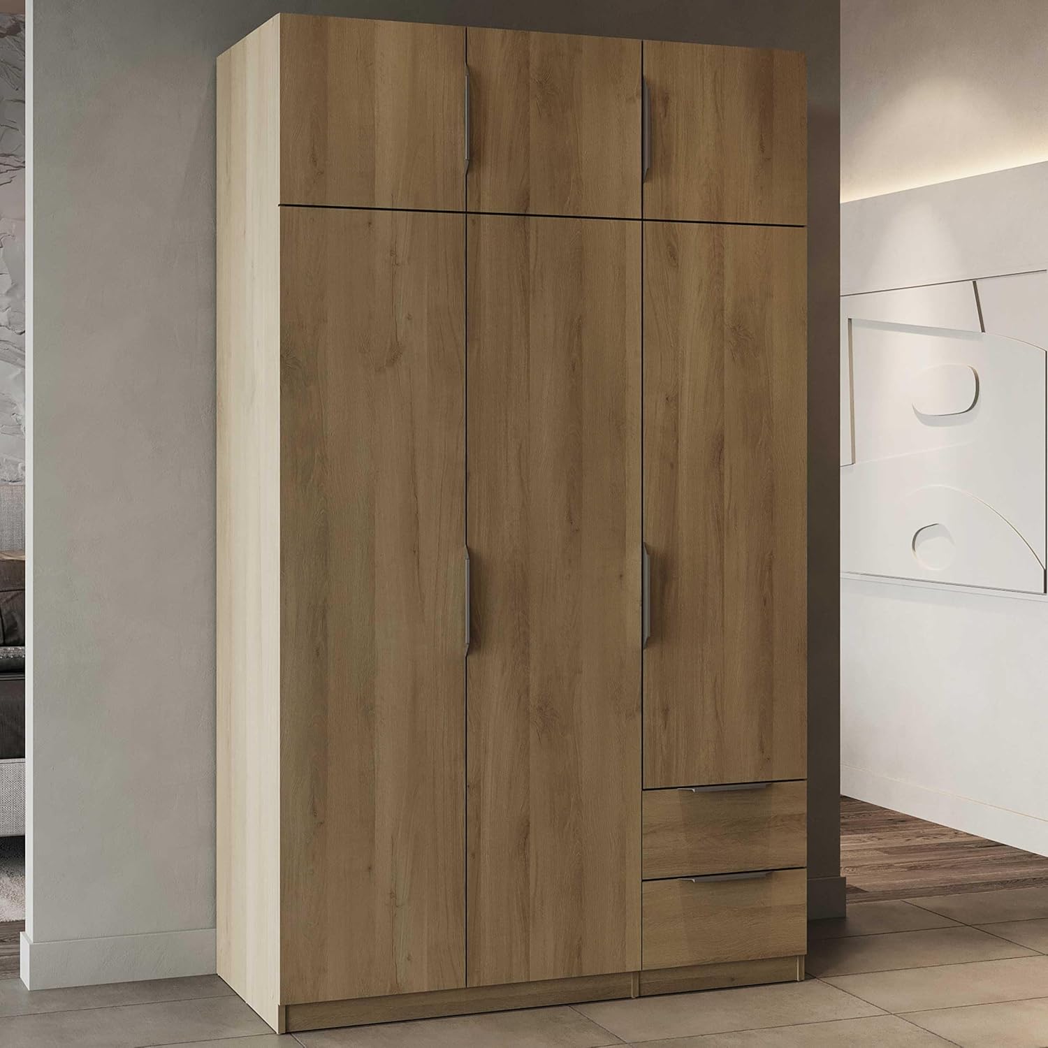 Demeyere 391394 Vestidor con Armario Moderno 6 Puertas 5 estantes 2 cajones, Roble Kronberg, 119,4 x 51,1 x 203 cm, Madera de ingeniería, Gris