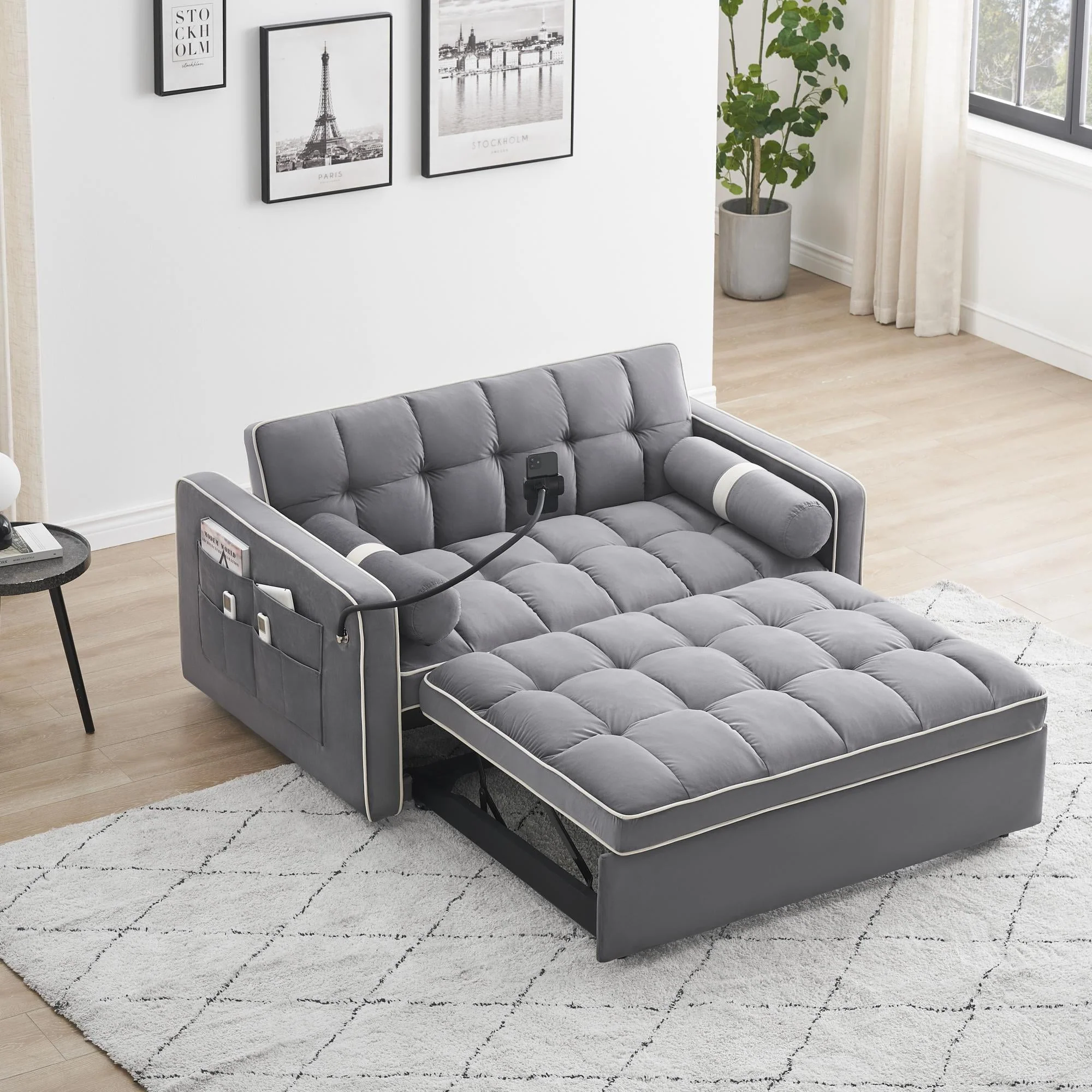 3 in 1 divano letto, piccolo velluto trapuntato convertibile divano futon con letto estraibile, schienale regolabile, cuscini cilindrici, multitasche, porta telefono per il soggiorno appartamento, grigio, 55,5”.