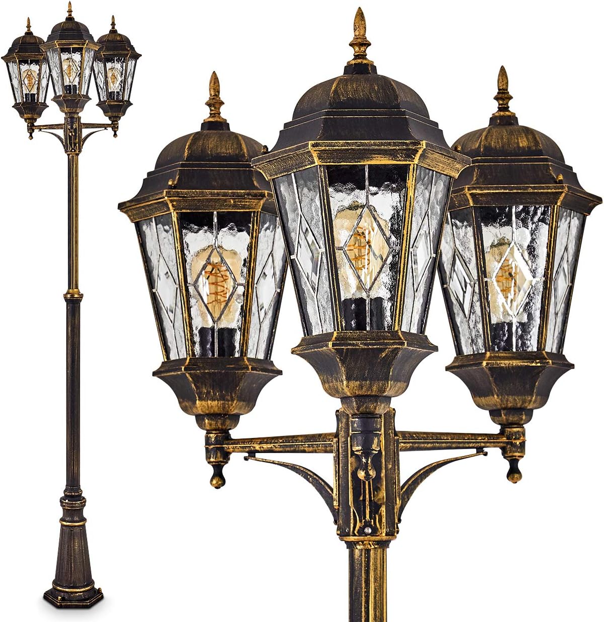 HOFSTEIN Kandelaber Hongkong, Außenwegeleuchte aus Metall/Glas in Braun/Gold/Klar, Wegeleuchte im Antik/Retro/Vintage-Design für Garten, Außenbereich, Hof, 220 cm, 3 x E27, IP44