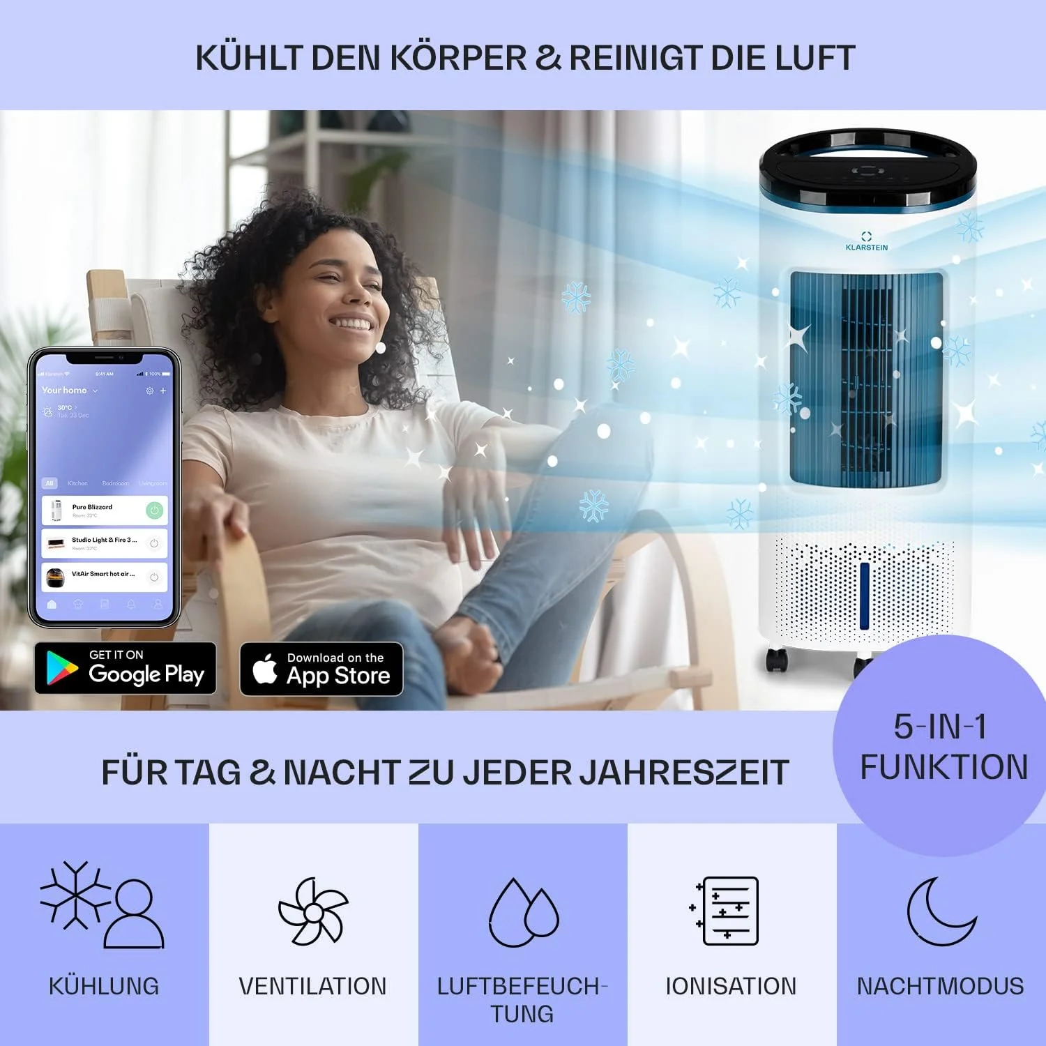 Klarstein Luftk��hler mit Wasserk��hlung, Leiser 4-in-1 Verdunstungsk��hler, Luftbefeuchter, Ventilator & Nachtmodus, Mobile Klimager?te Luftk��hler 7L, 65W Air Cooler, 330m3/h K��hlender Luftstrom