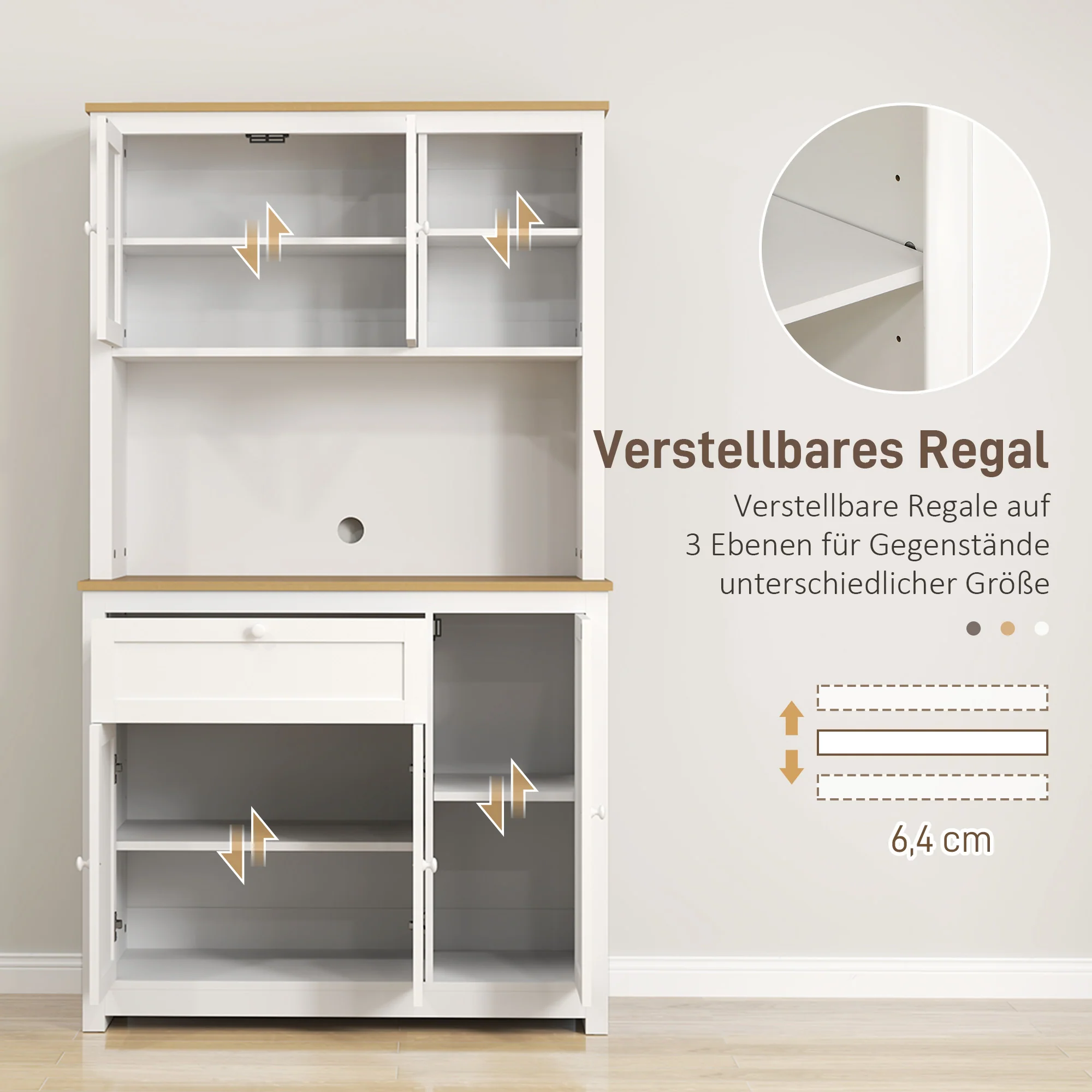 HOMCOM Landhuisstijl Keukenkast, 1 Vitrine, 1 Open Schap, 1 Lade, 2 Kasten, Natuur + Wit