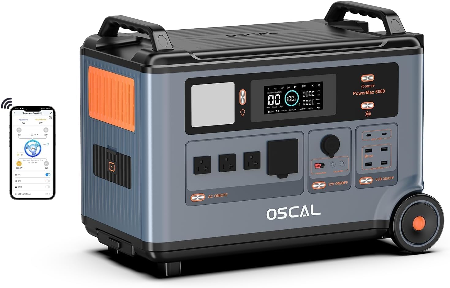 OSCAL PowerMax 6000W (9000W Peak) Solargenerator, 3600Wh Tragbare Powerstation, Erweiterbar auf 57.6kWh, LiFePO4-Akku, Vollladung in 1,96 Std, USV, Mobiler Stromspeicher für Camping, Notstrom