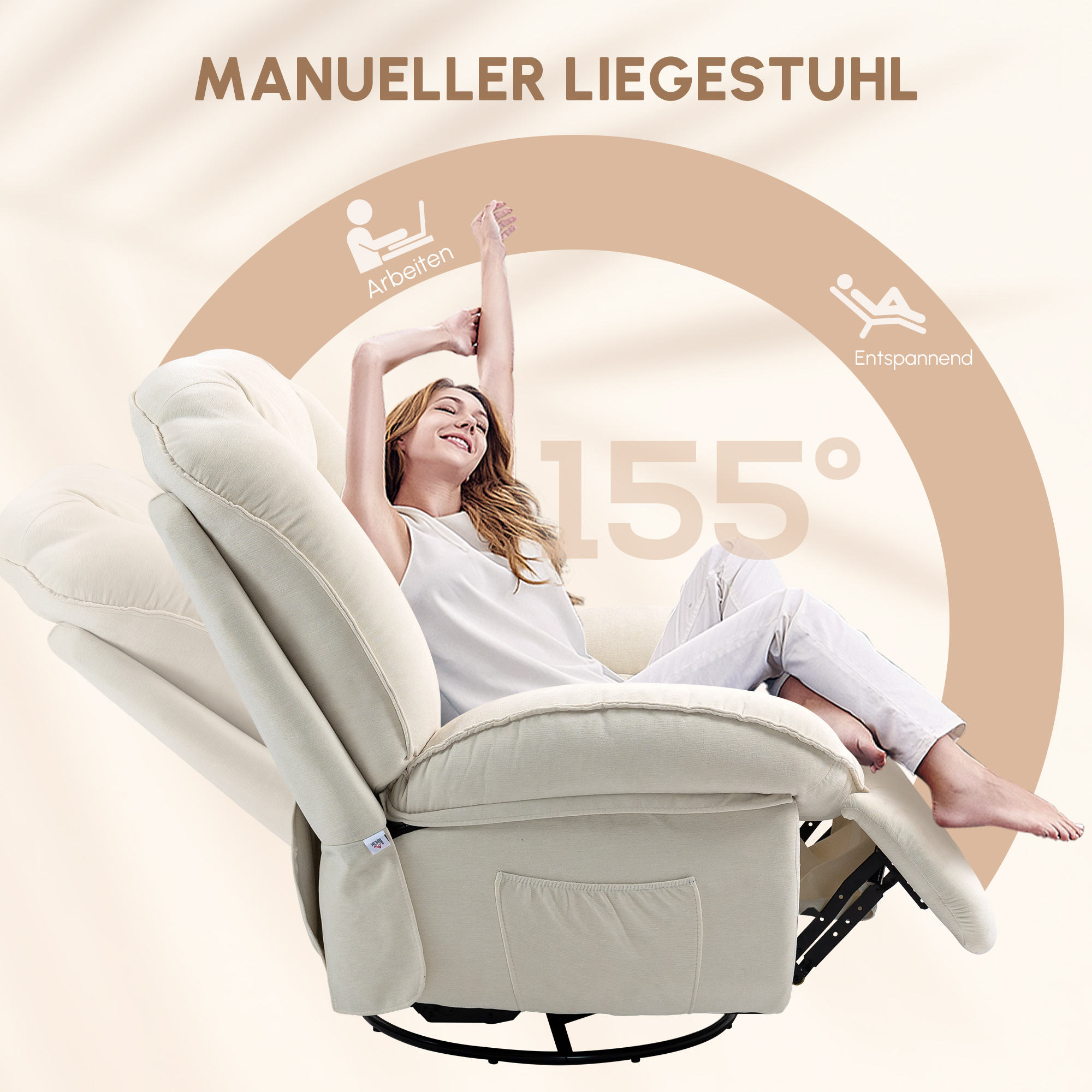 HOMCOM Relaxfauteuil, verstelbaar, 104x100x102cm/164x76cm, Crème Wit
