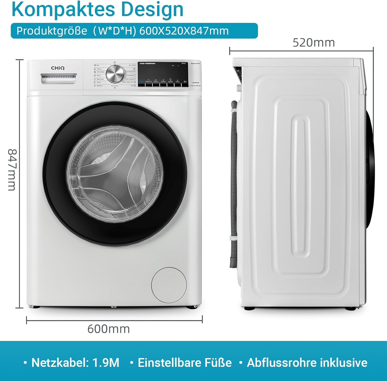 CHiQ Waschmaschine 7kg, 15 Programme, InverterMotor, Eco-Logic, Speed Wash, 60x46,5x84cm, Auto Clean, Washer Grau, CW07123863AX