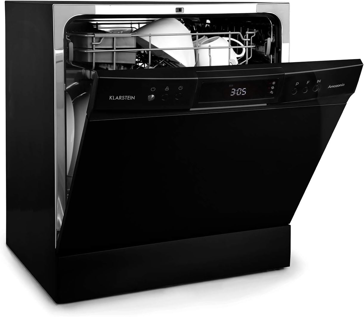 Klarstein  ia 8 - Spülmaschine, Geschirrspüler, Freistehend, Teilintegriert, F, 55 cm breit, 8 Maßgedecke, 6 Programme, Aquastop, silber