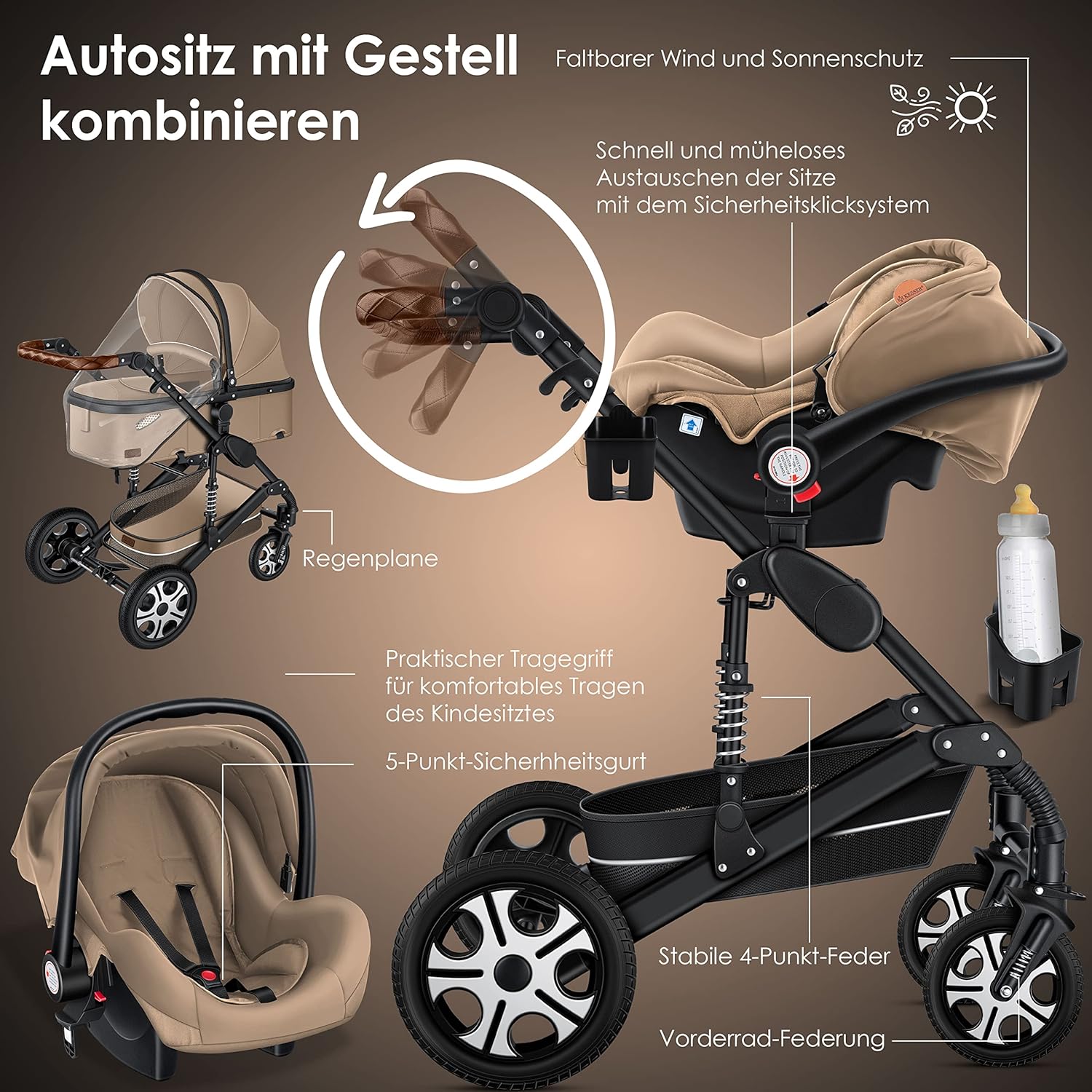 KESSER® Loops 3 in 1 Kinderwagen Kombikinderwagen Komplett-Set inkl. Babywanne & Buggy Sportsitz & Auto-Babyschale Voll-Gummireifen Wickeltasche Regenschutz Kindertisch ECE R129, Schwarz/Champagne