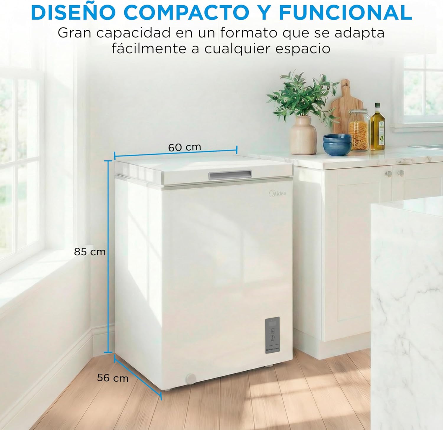 MIDEA Arcon Congelador Pequeño de 143L | Congelador Horizontal Convertible a Frigorífico con Motor Inverter, Control Electrónico de Temperatura, Cestas con Asa | Arcón Silencioso 37 db Bajo Consumo