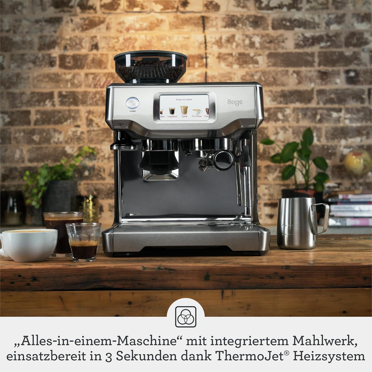 Sage - The Barista Touch - Kaffeemaschine mit automatischem Milchaufschäumer & integriertem Mahlwerk - Touchscreen, abnehmbarer Tamper, 5 Voreinstellungen - Siebträgermaschine - Gebürsteter Edelstahl