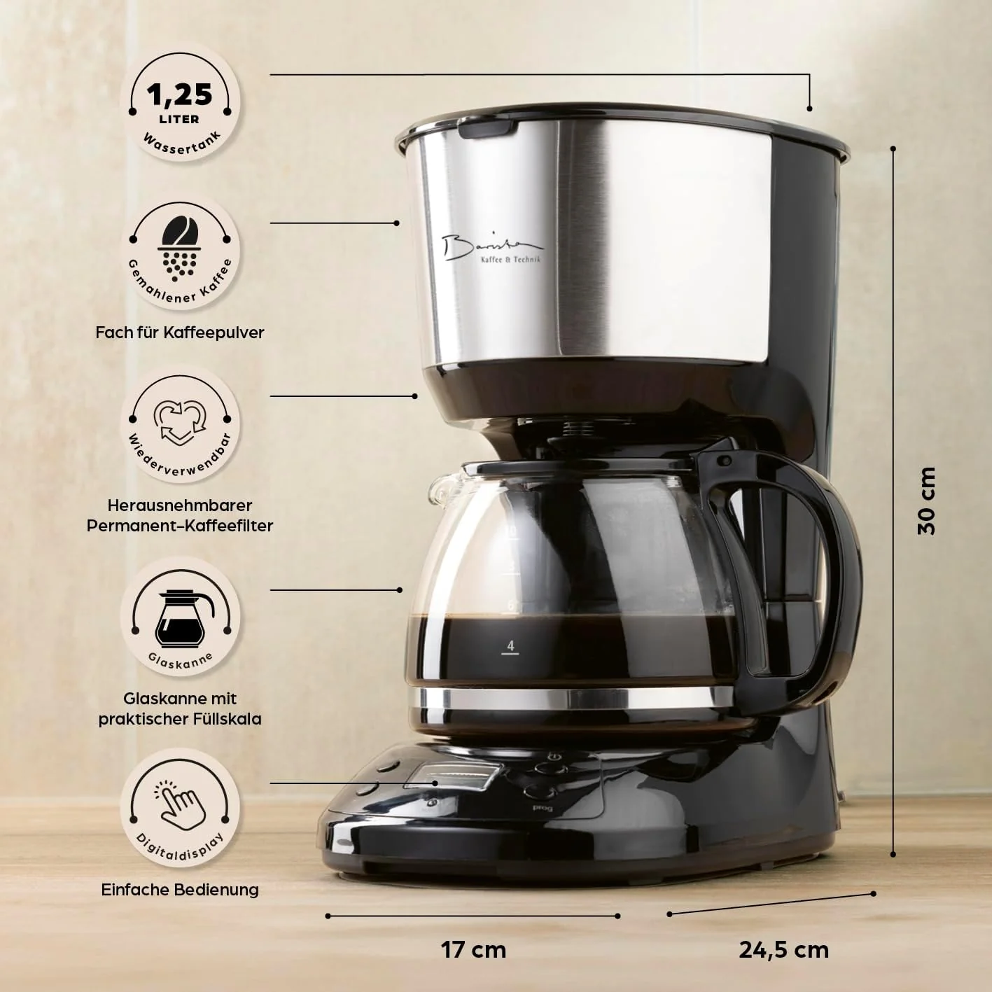 Barista filterkoffiezetapparaat met verstelbare molen & thermoskan | Warmhoudfunctie, 24-uurs timer & permanent filter | Voor 10 koppen koffie | Koffiezetapparaat voor bonen & poeder [roestvrij staal]
