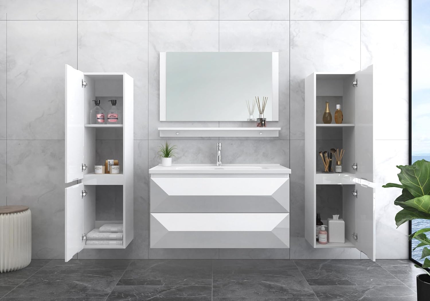 Faizee Möbel Miran Hochglanz Badmöbel Set mit Spiegel & Keramik-Waschbecken – Modernes 6-teiliges Badezimmer Set mit Soft-Close Unterschrank & 2 Seitenschränken (Miran Weiß, 60 cm (Unterschrank))