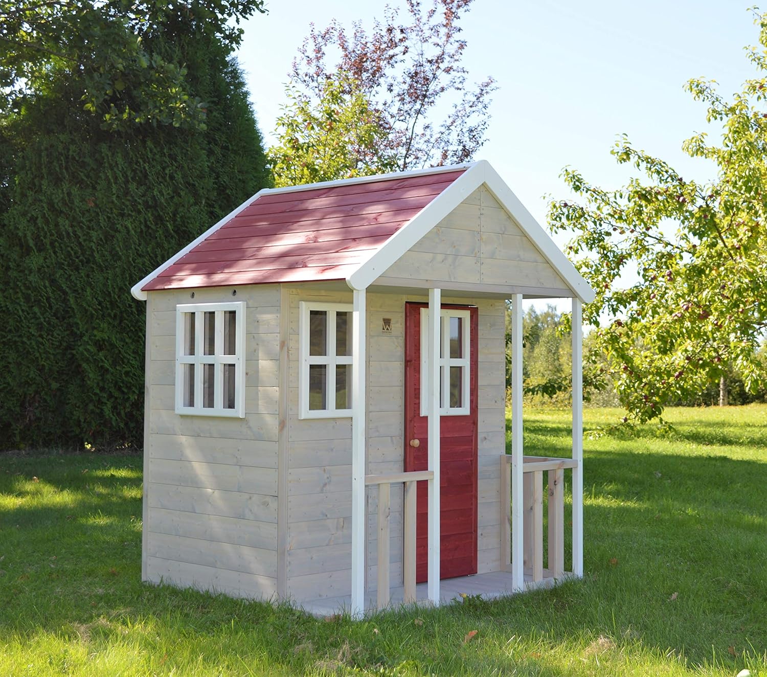 M6 Kinder Spielhaus Holz Outdoor, Gartenhaus für Kinder FSC Holz, 120×120×155 cm, mit Kunststofffenstern, Veranda, Regal, Tür, Kinderspielhaus für Garten, wetterfest, Rot